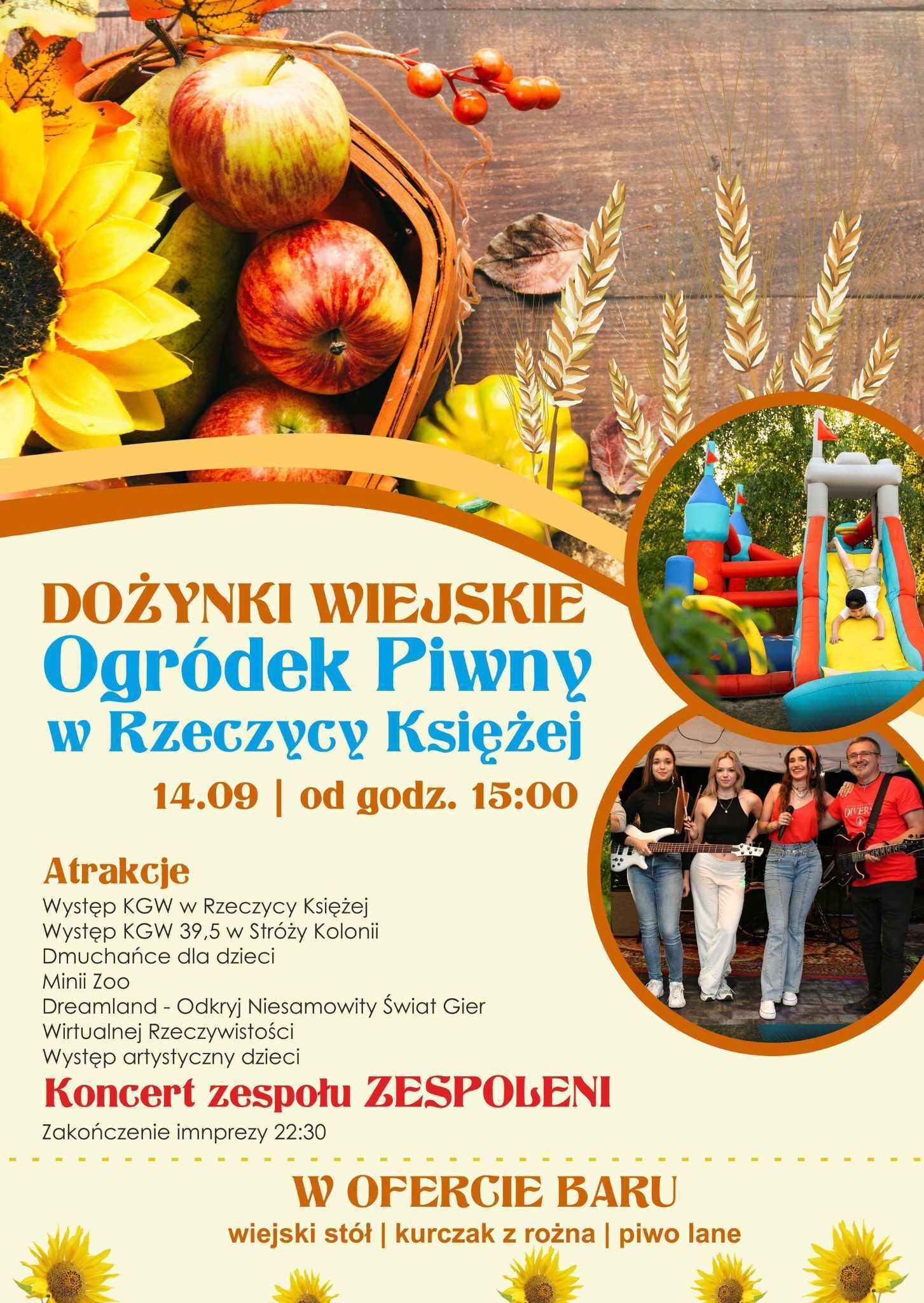 Plakat imprezy "Dożynki Wiejskie", z grafikami roślin, piwa, muzyki, kolorowych balonów, zjeżdżalni dla dzieci, godzina początku 15:00.