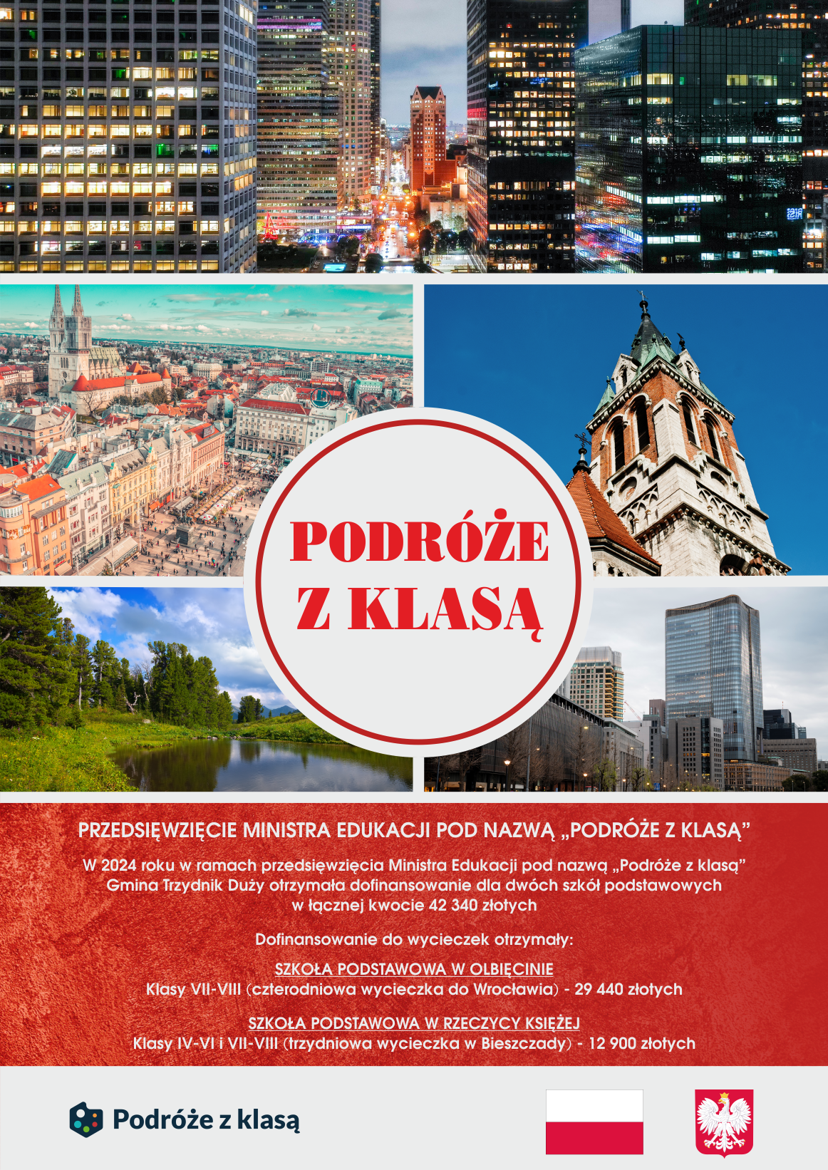 Plakat informacyjny z wieloma elementami graficznymi, zawierający zdjecia miejskich krajobrazów, tekstu, oraz czerwonego tła z białymi i żółtymi akcentami promujący "Podróże z klasą".