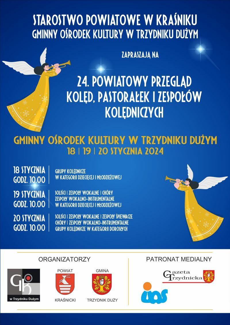 Plakat informacyjny o 24. Konkursie Powiatowym Zespołów Kolędniczych w Trzydniku, zawiera daty, godziny, listę kategorii konkursowych i sponsorów, oraz grafiki aniołów i gwiazd.