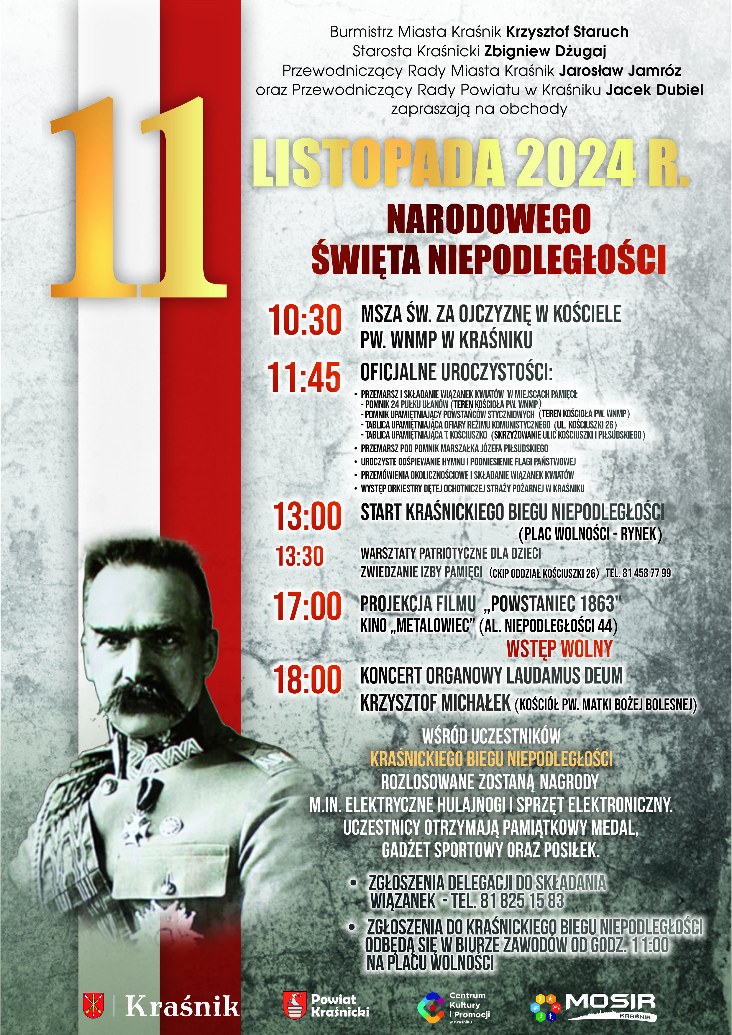 Plakat informacyjny z okazji obchodów Święta Narodowego Trzeciego Maja w Krasniku, przedstawiający harmonogram wydarzeń z godzinami, wyróżnioną datą "11 maja" i ilustracją postaci historycznej.