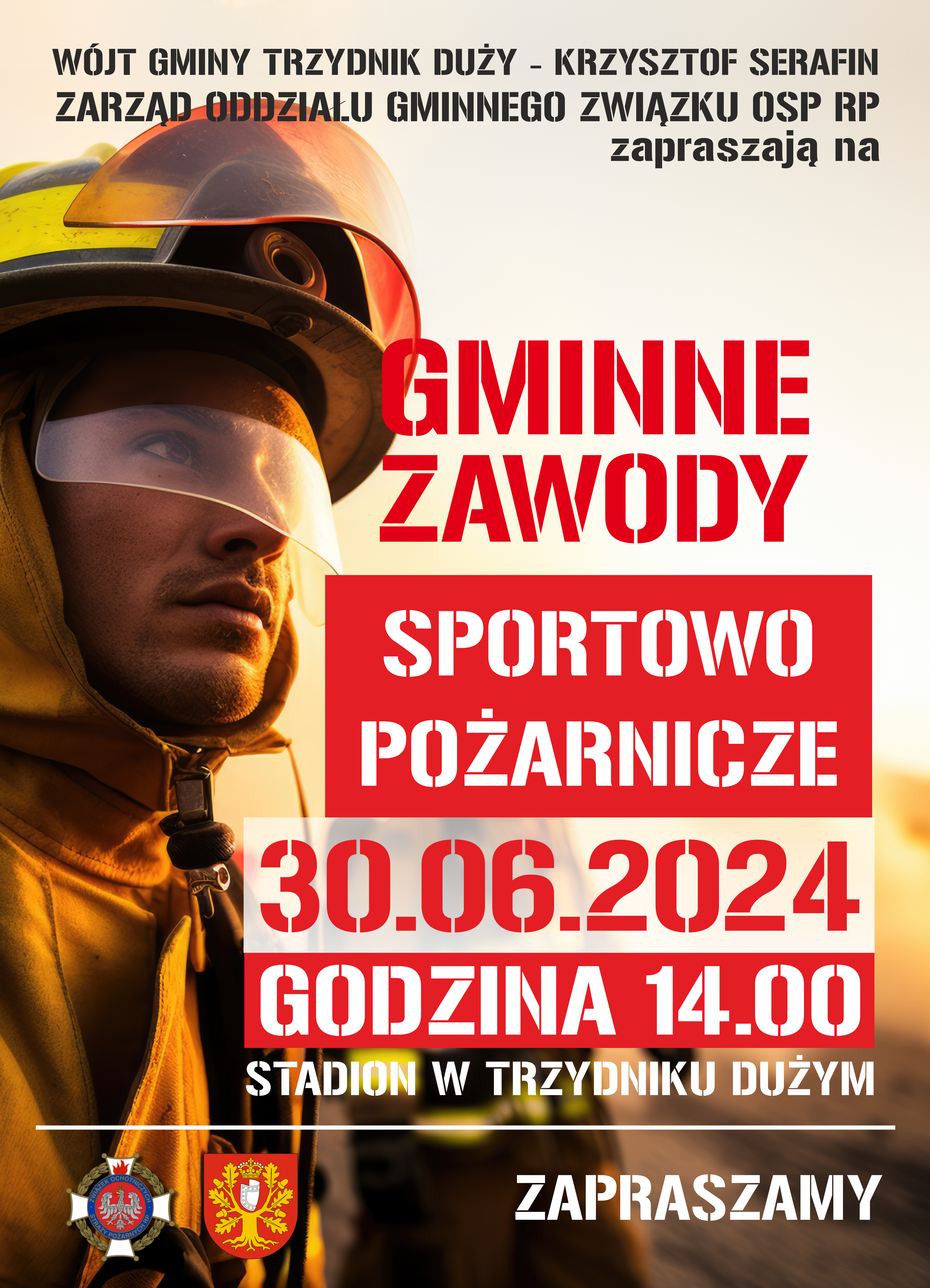 Alternatywny opis zdjęcia: Plakat promujący zawody sportowo-pożarnicze z profilem strażaka w hełmie na tle tekstu i daty wydarzenia.