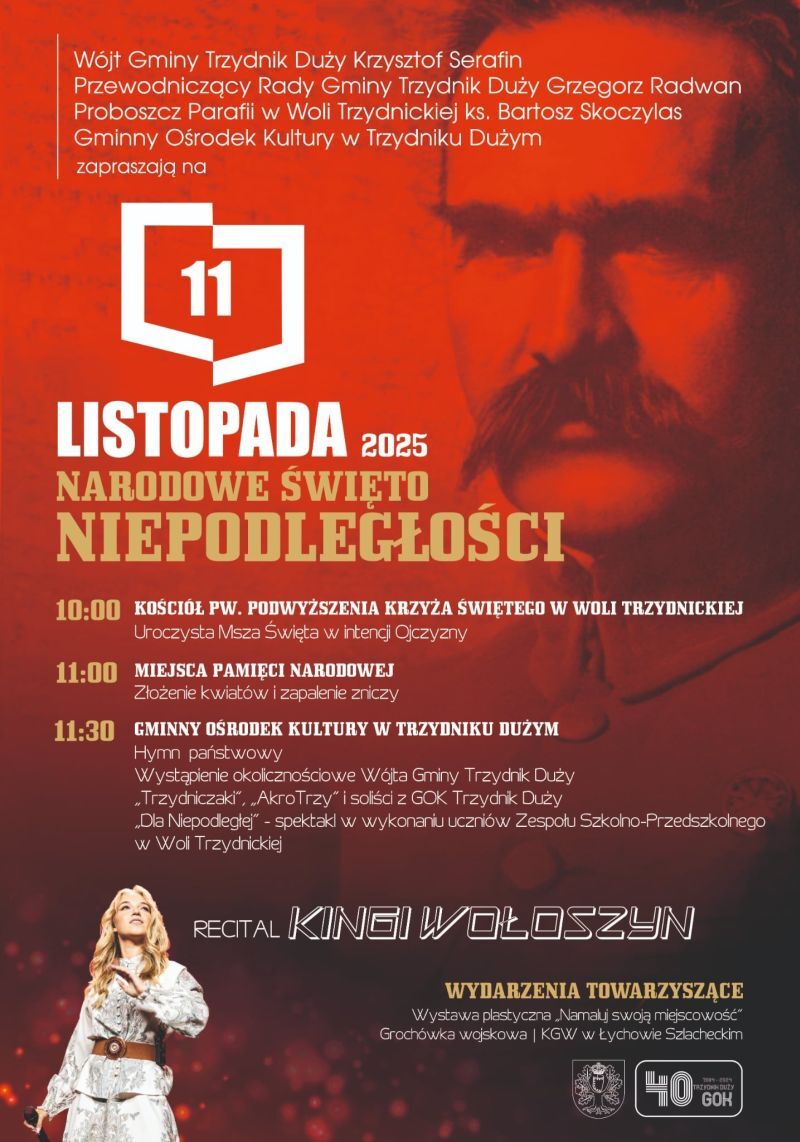 Plakat promujący obchody Narodowego Święta Niepodległości 11 listopada 2025 w Trzydniku Dużym. Zawiera informacje o wydarzeniach, takich jak msza święta, koncert i recital. Tło w odcieniach czerwieni i szarości.