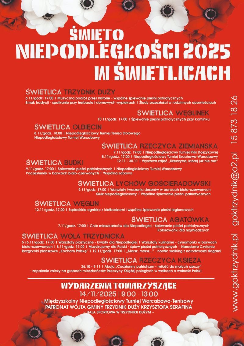 Plakat promujący Święto Niepodległości 2025 w Świetlicach. Zawiera daty i miejsca wydarzeń w różnych lokalizacjach, ozdobiony symbolami maków. W tle biało-czerwone barwy nawiązujące do polskich symboli narodowych.