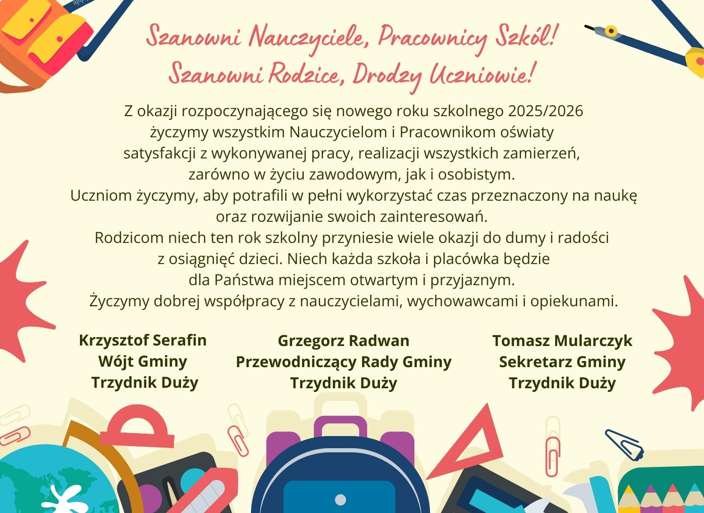Plakat szkolny z kolorową grafiką przedstawiającą przybory szkolne, w tym ołówki, książki i globus. Nagłówek zaprasza do nowego roku szkolnego 2025/2026. Poniżej znajdują się życzenia od władz gminy.
