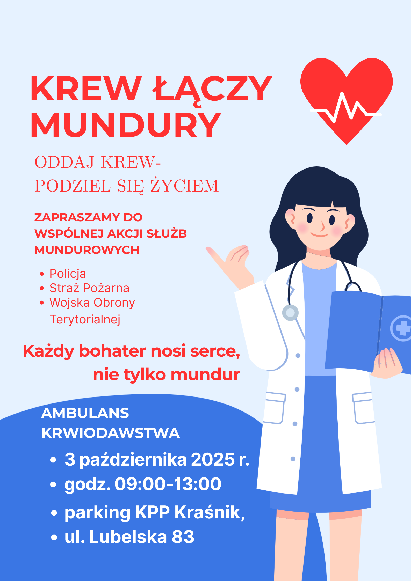 Plakat informujący o akcji krwiodawstwa „Krew łączy mundury” organizowanej przez służby mundurowe. Wydarzenie odbędzie się 3 października 2025, od 9:00 do 13:00 na parkingu KPP Kraśnik.