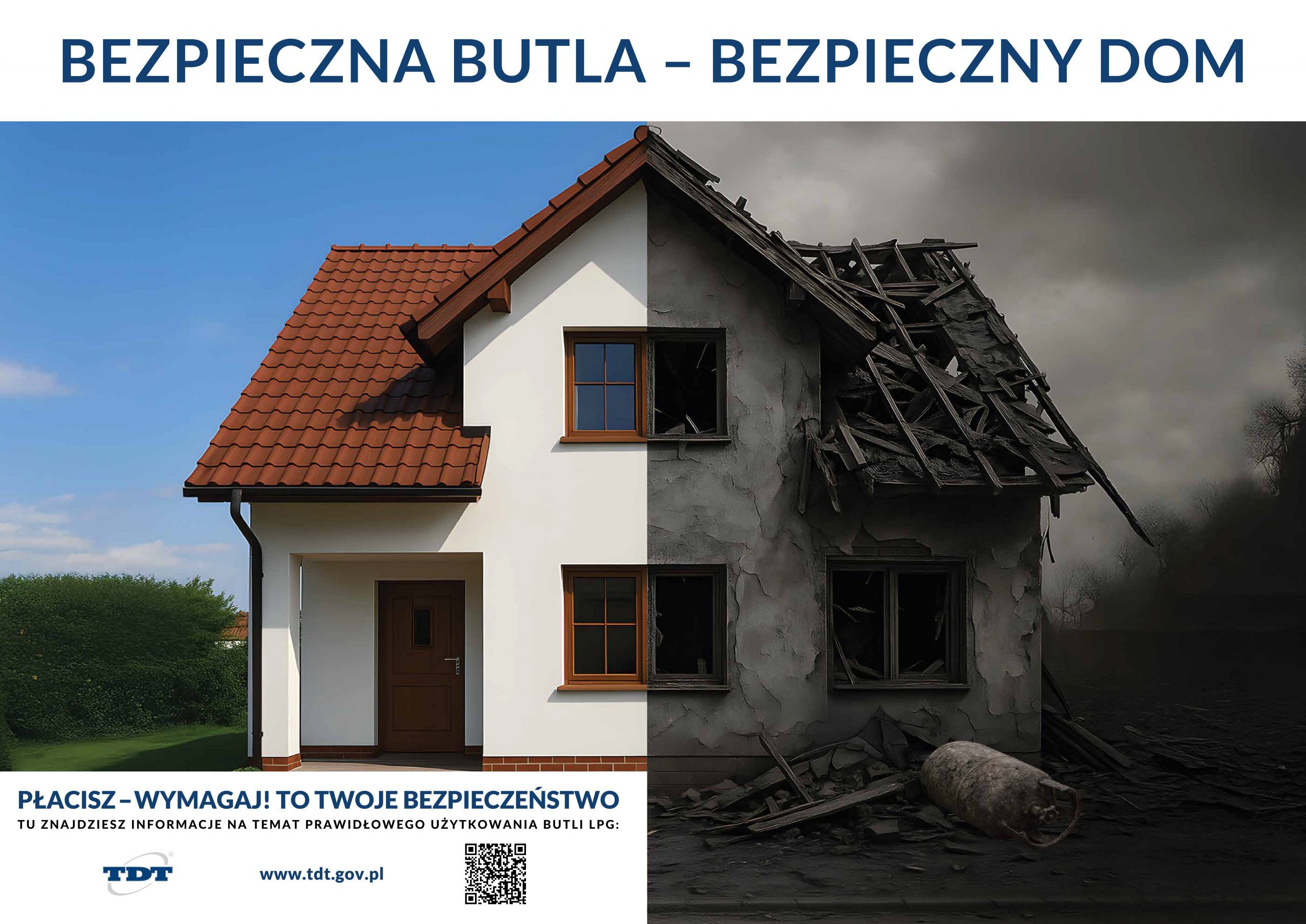 Po lewej stronie dom w jasnych kolorach, a po prawej zniszczony, zadymiony budynek. Tekst na górze: "BEZPIECZNA BUTLA - BEZPIECZNY DOM". Na dole informacje o bezpieczeństwie użytkowania butli LPG.