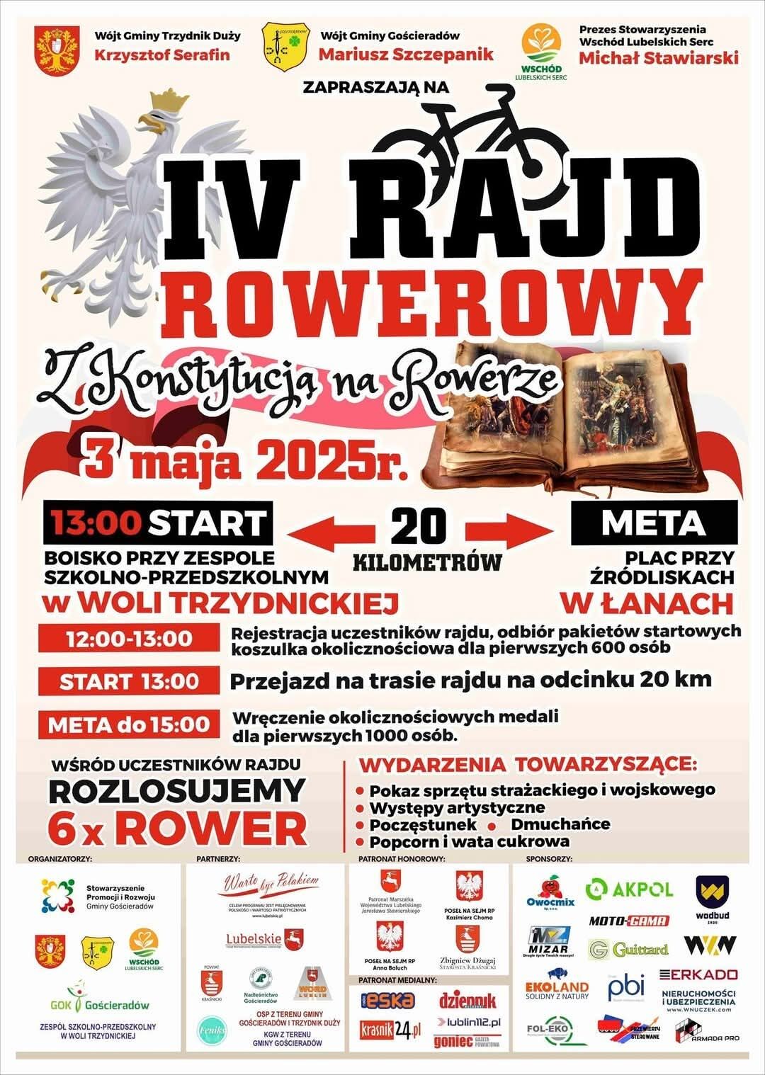 IV Rajd Rowerowy „Konstytucja na Rowerze” 3 maja 2025. Start: Wola Trzydnicka, meta: Żdżary. Dystans: 20 km. Rejestracja uczestników od 12:30. Losowanie nagród, 6 rowerów do wygrania. Współorganizatorzy i sponsorzy widoczni.
