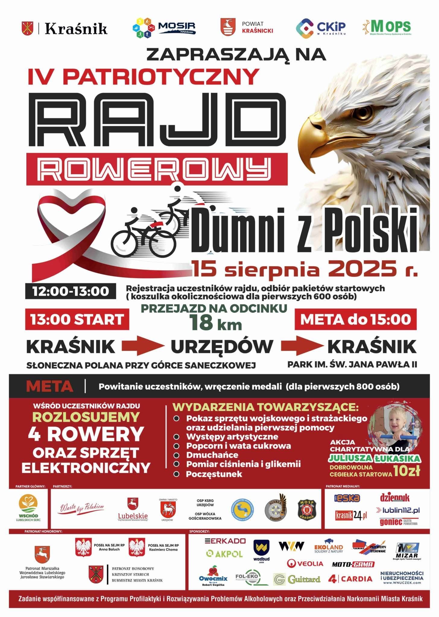 Plakat promujący IV Patriotyczny Rajd Rowerowy w Kraśniku, odbywający się 15 sierpnia 2025 r. Zawiera informacje o trasie, nagrodach oraz sponsorach. Grafika przedstawia rowery, polską flagę i orła.