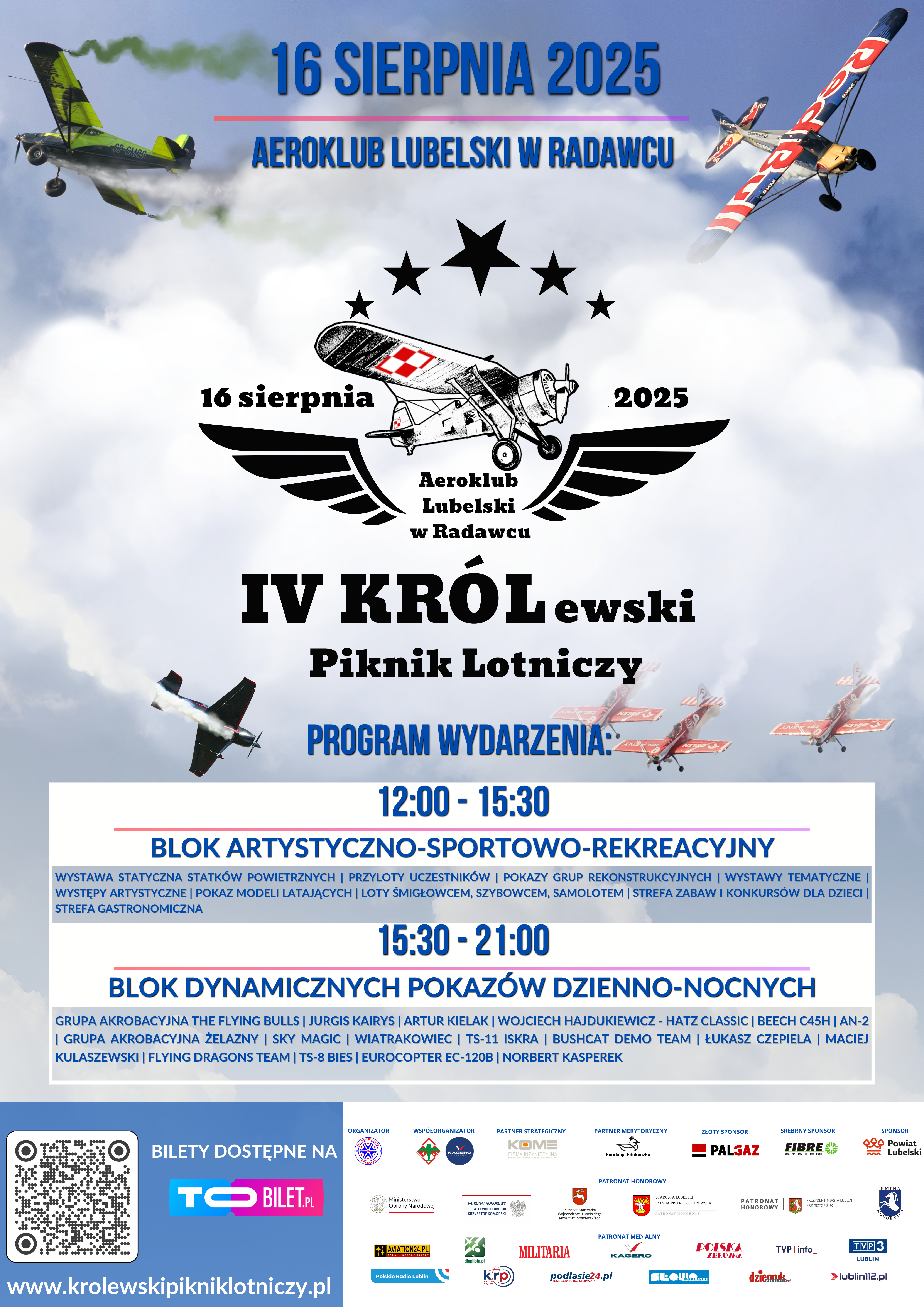 Plakat promujący IV Królewski Piknik Lotniczy w Aeroklubie Lubelskim w Radawcu, 16 sierpnia 2025. Zawiera program wydarzenia, występy akrobatycznych samolotów oraz informacji o biletach.