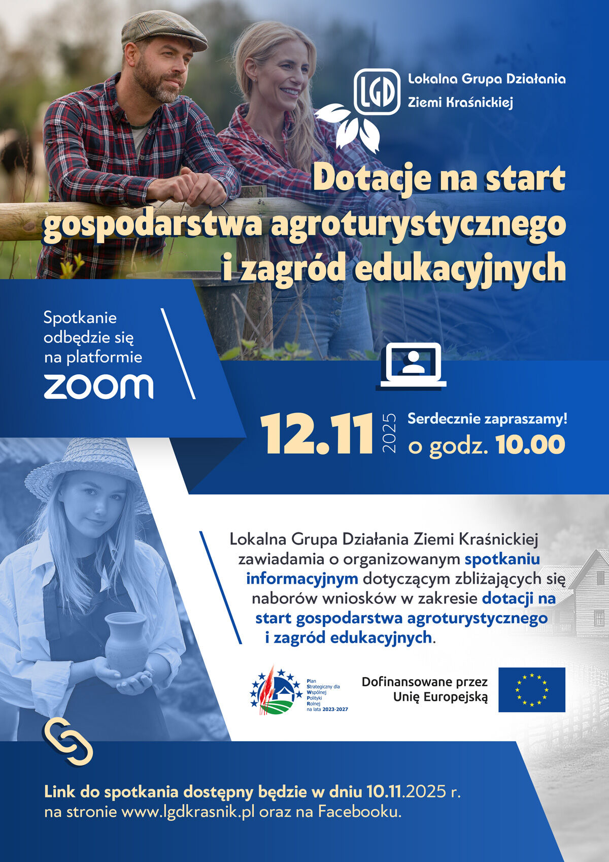 Plakat zaprasza na spotkanie dla osób zainteresowanych dotacjami na agroturystykę i zagrody edukacyjne. Odbędzie się ono online 12 listopada 2025 o godzinie 10:00 na platformie Zoom.