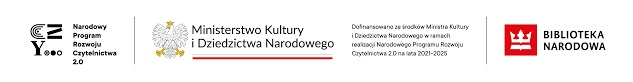 Logo Narodowego Programu Rozwoju Czytelnictwa 2.0, logo Ministerstwa Kultury i Dziedzictwa Narodowego, oraz Biblioteki Narodowej na białym tle. Po prawej stronie tekst o dofinansowaniu z programu 2.0 na lata 2021-2025.