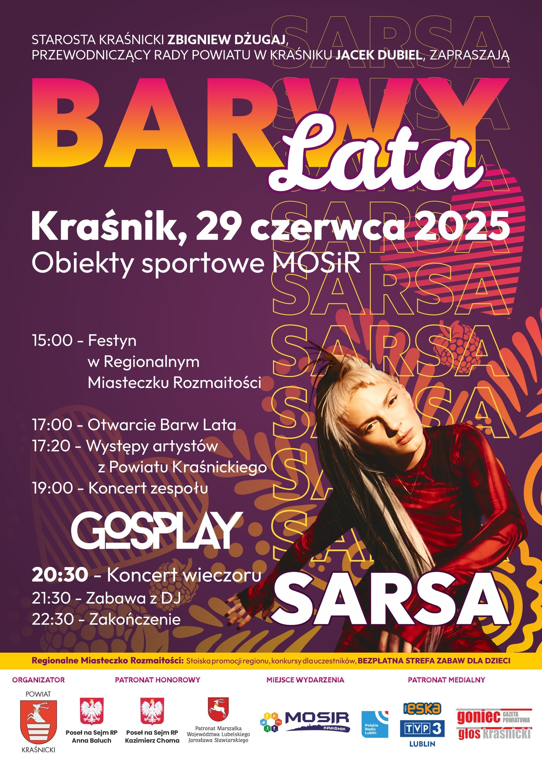 Plakat wydarzenia "Barwy Lata" w Kraśniku, 29 czerwca 2025. Zawiera harmonogram atrakcji, takie jak festyn, koncert Sarsy, a także informuje o bezpłatnej strefie zabaw dla dzieci. Grafika przedstawia piosenkarkę Sarsę.