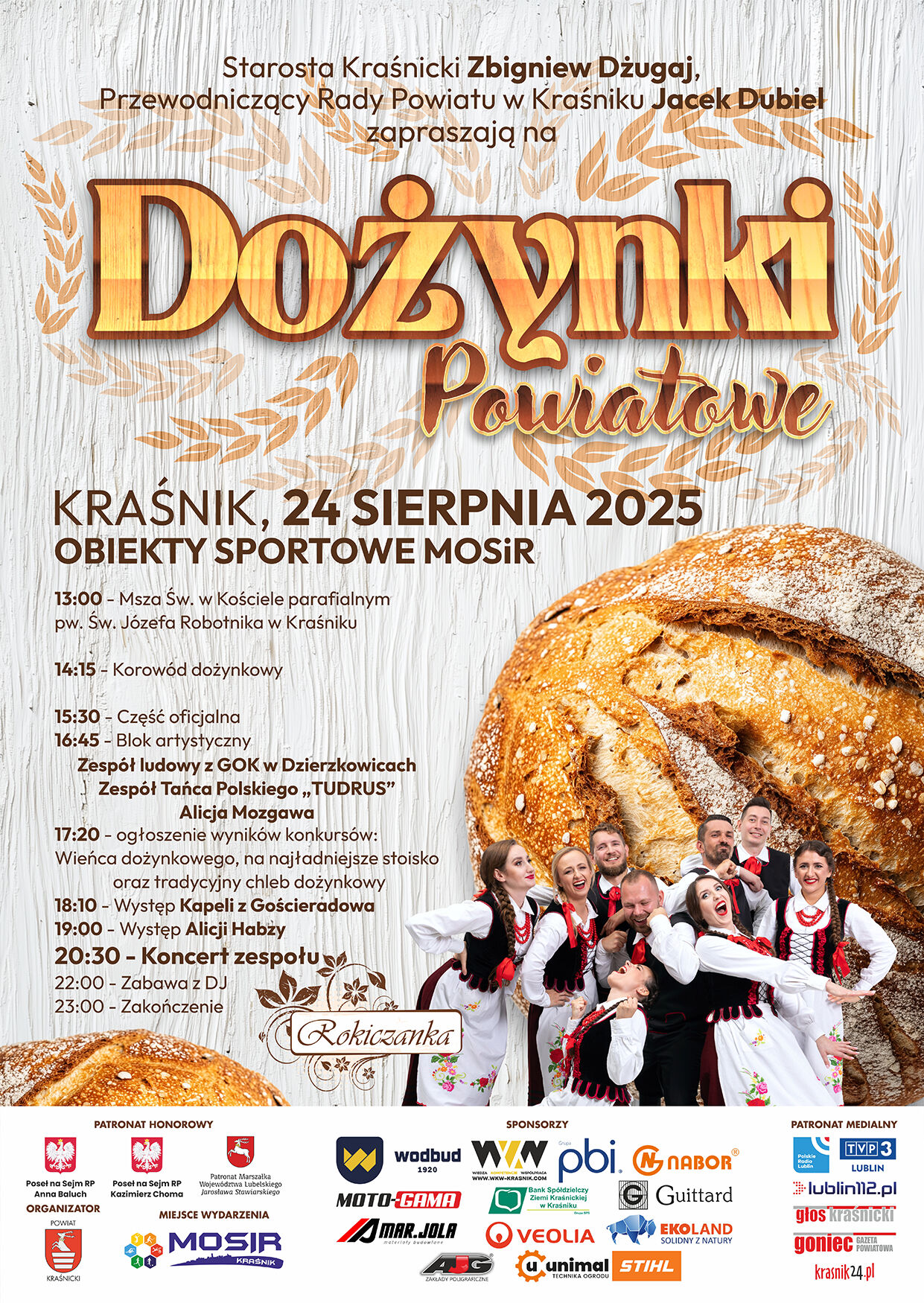 Plakat Dożynek Powiatowych w Kraśniku 2025. Zdjęcie przedstawia zespół taneczny w ludowych strojach. Program wydarzenia obejmuje m.in. koncerty, występy artystyczne i pokaz sztucznych ogni. 24 sierpnia, obiekty sportowe MOSiR.