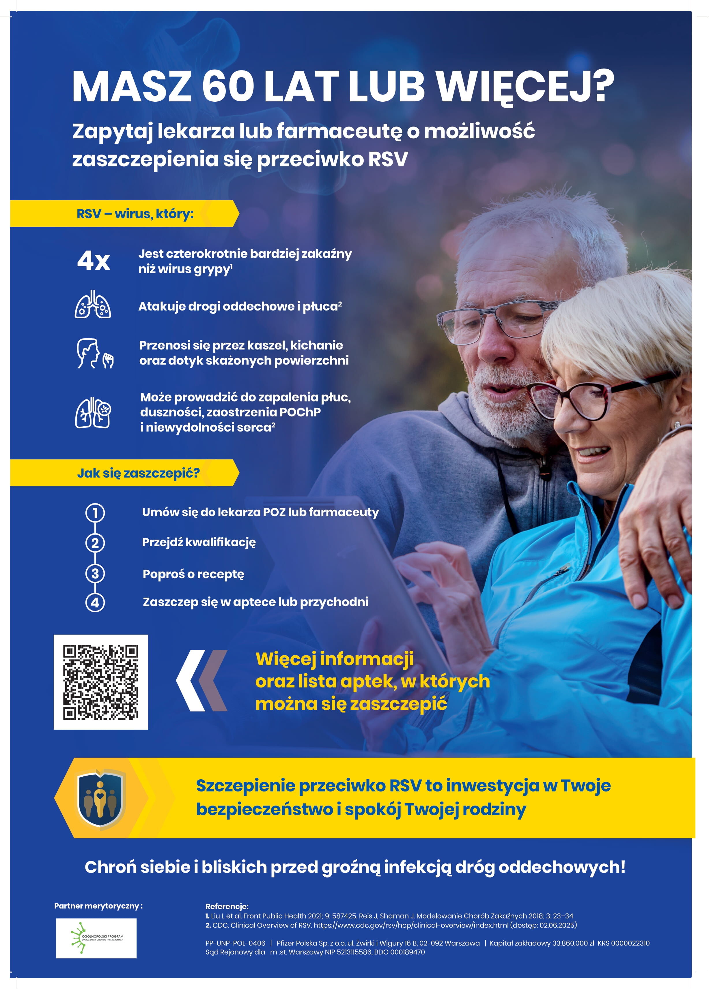 Plakat informacyjny na temat wirusa RSV, przedstawiający starszą parę w objęciach, z tekstem zachęcającym do pytania lekarza lub farmaceuty o szczepienie przeciwko RSV w celu ochrony zdrowia.