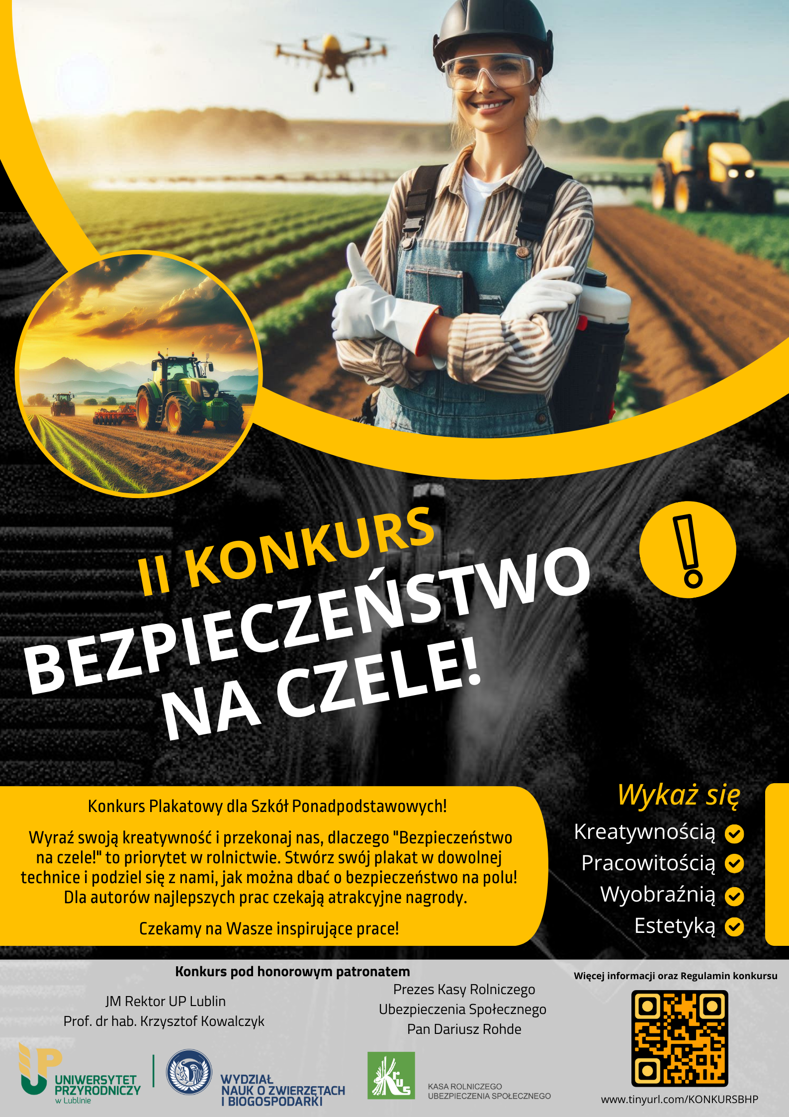 Plakat promujący II Konkurs "Bezpieczeństwo na czele!" z motywem rolniczym. Młoda kobieta w kasku na tle pola, informacje o konkursie, jego zasadach oraz zachęta do udziału. Partnerzy i patroni na dole.