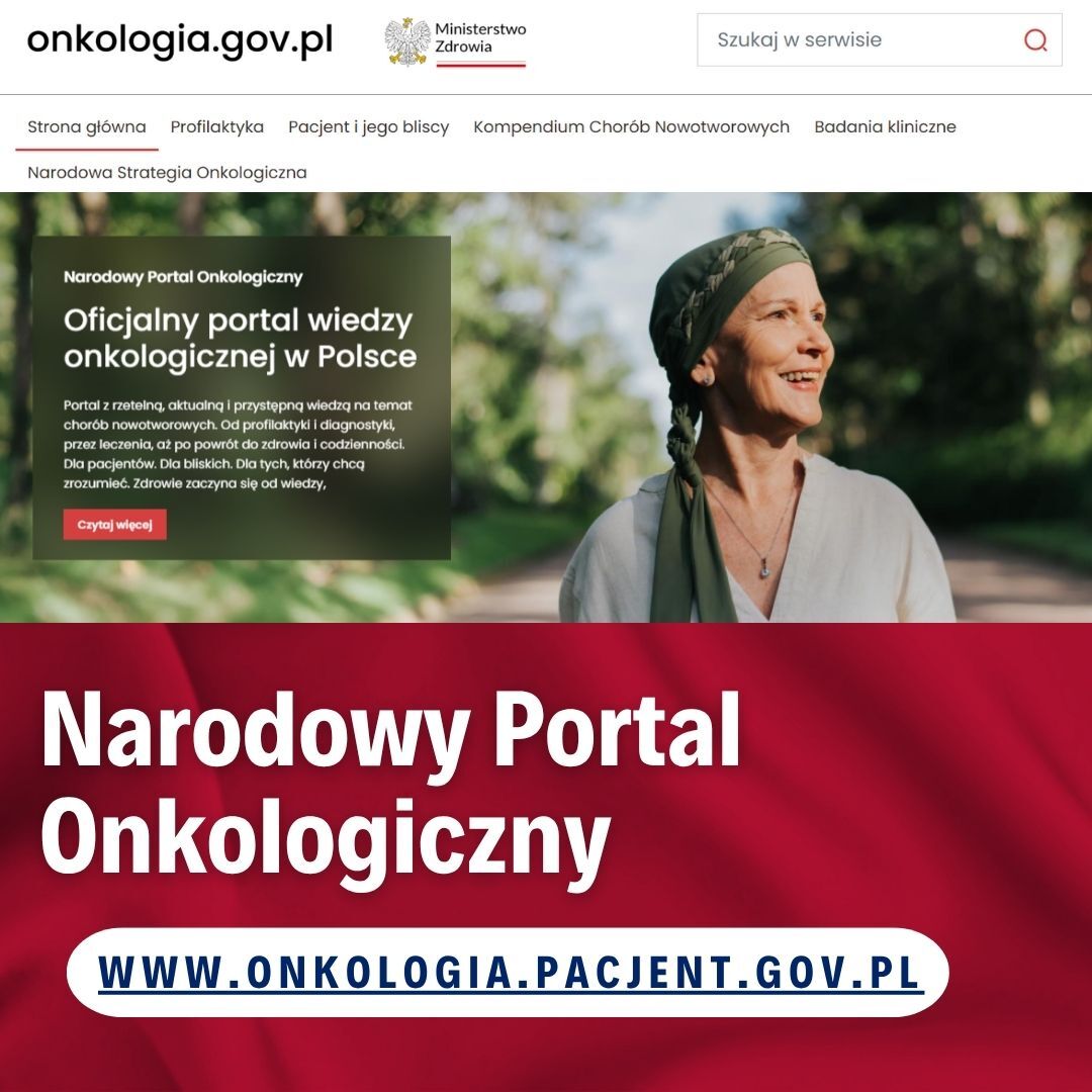 Strona internetowa "Narodowy Portal Onkologiczny". Widoczne logo, zdjęcie uśmiechniętej osoby w chustce oraz tekst promujący portal onkologiczny w Polsce. Na czerwonym tle znajduje się adres strony internetowej.