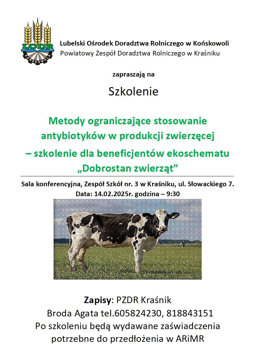 Plakat reklamujący szkolenie na temat ograniczania stosowania antybiotyków w produkcji zwierzęcej. Widoczna niemal cała krowa, a poniżej szczegóły wydarzenia z datą i miejscem oraz informacją o zapisach.