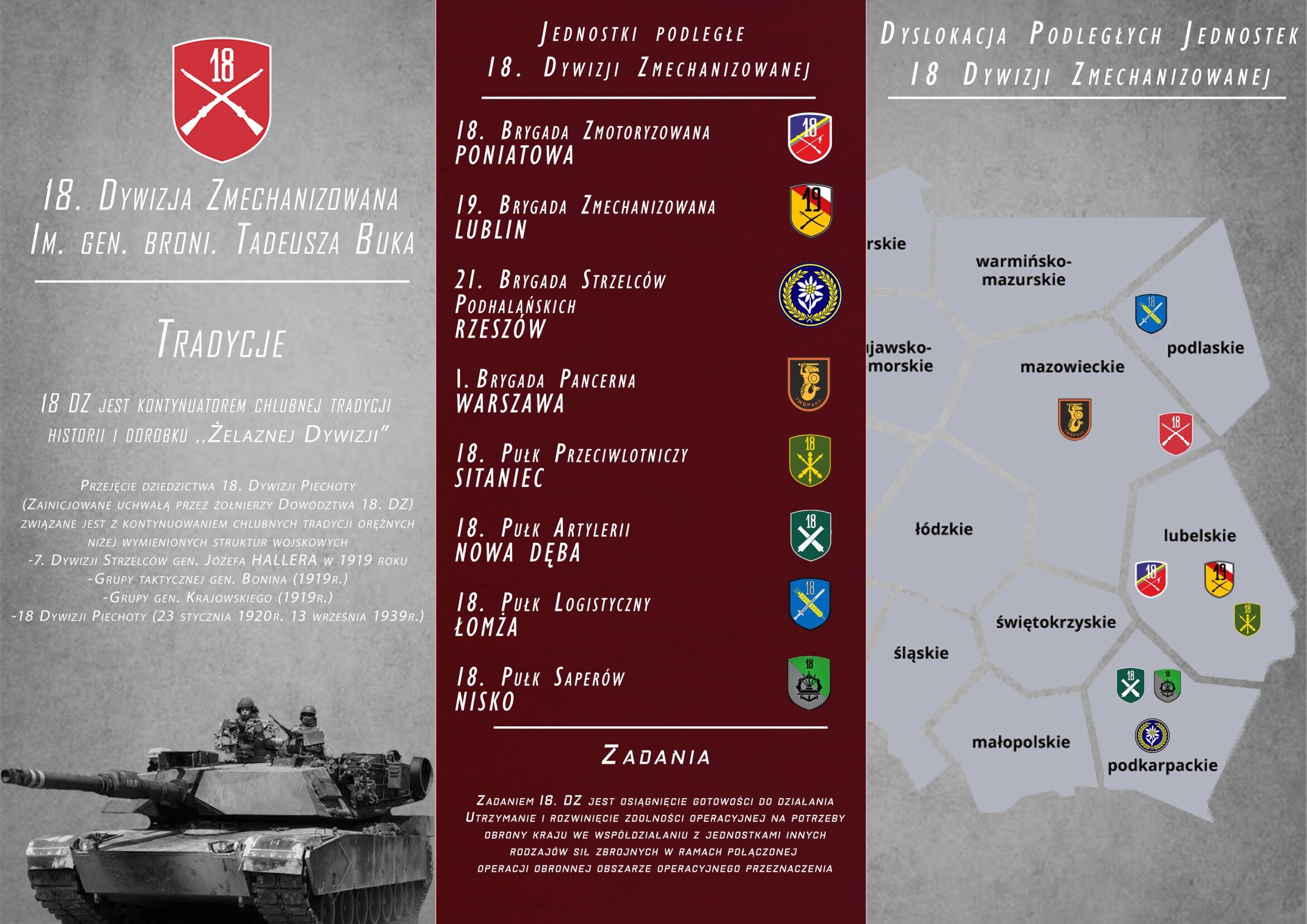 Plakat informacyjny 18. Dywizji Zmechanizowanej. Zawiera symbole jednostek, mapę z zaznaczoną lokalizacją oraz krótki opis tradycji i zadań. Po lewej stronie widać czołg i logo dywizji na czerwonym tle.