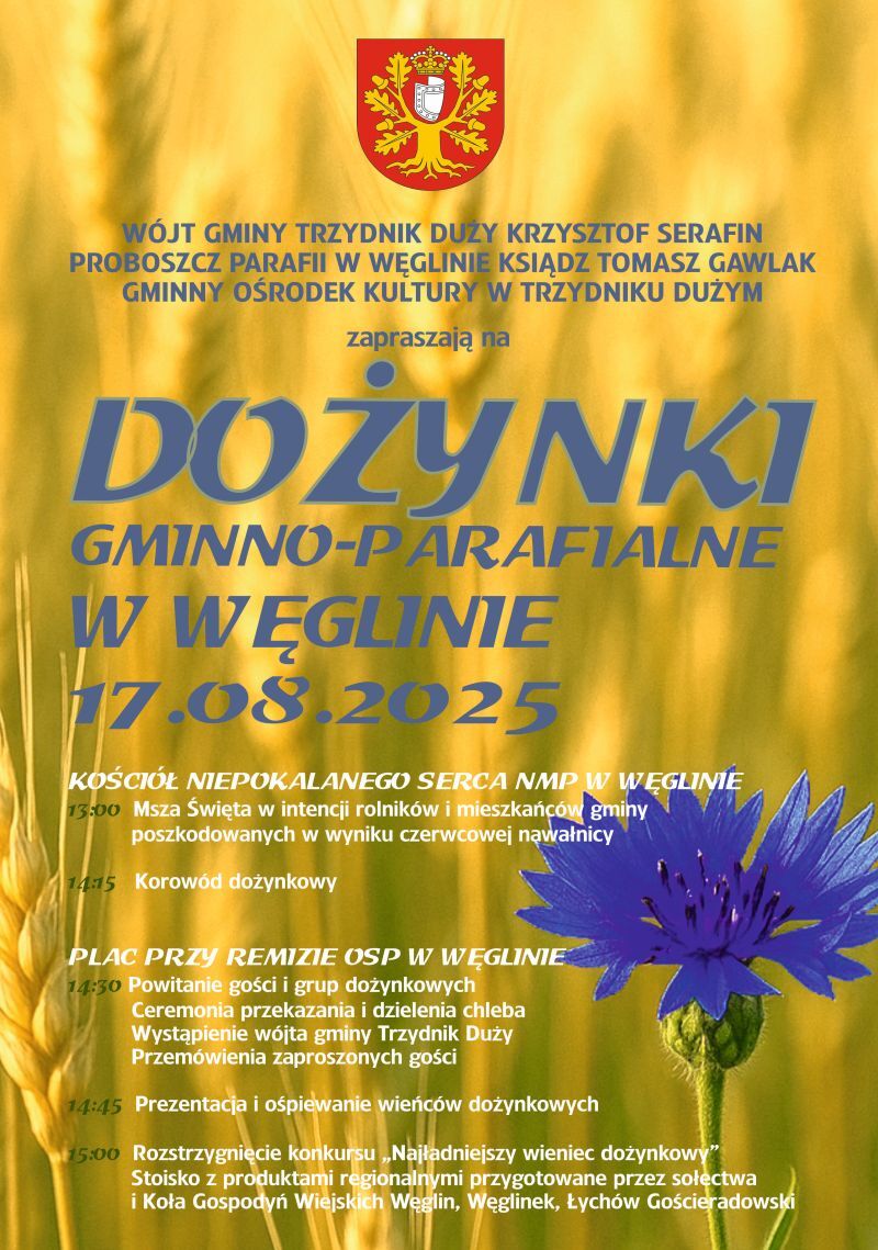 Na plakacie widnieje zaproszenie na Dożynki Gminno-Parafialne w Węglinie 17 sierpnia 2025. W tle widoczne są kłosy zbóż. Zawarto informacje o mszy, korowodzie oraz występach artystycznych.