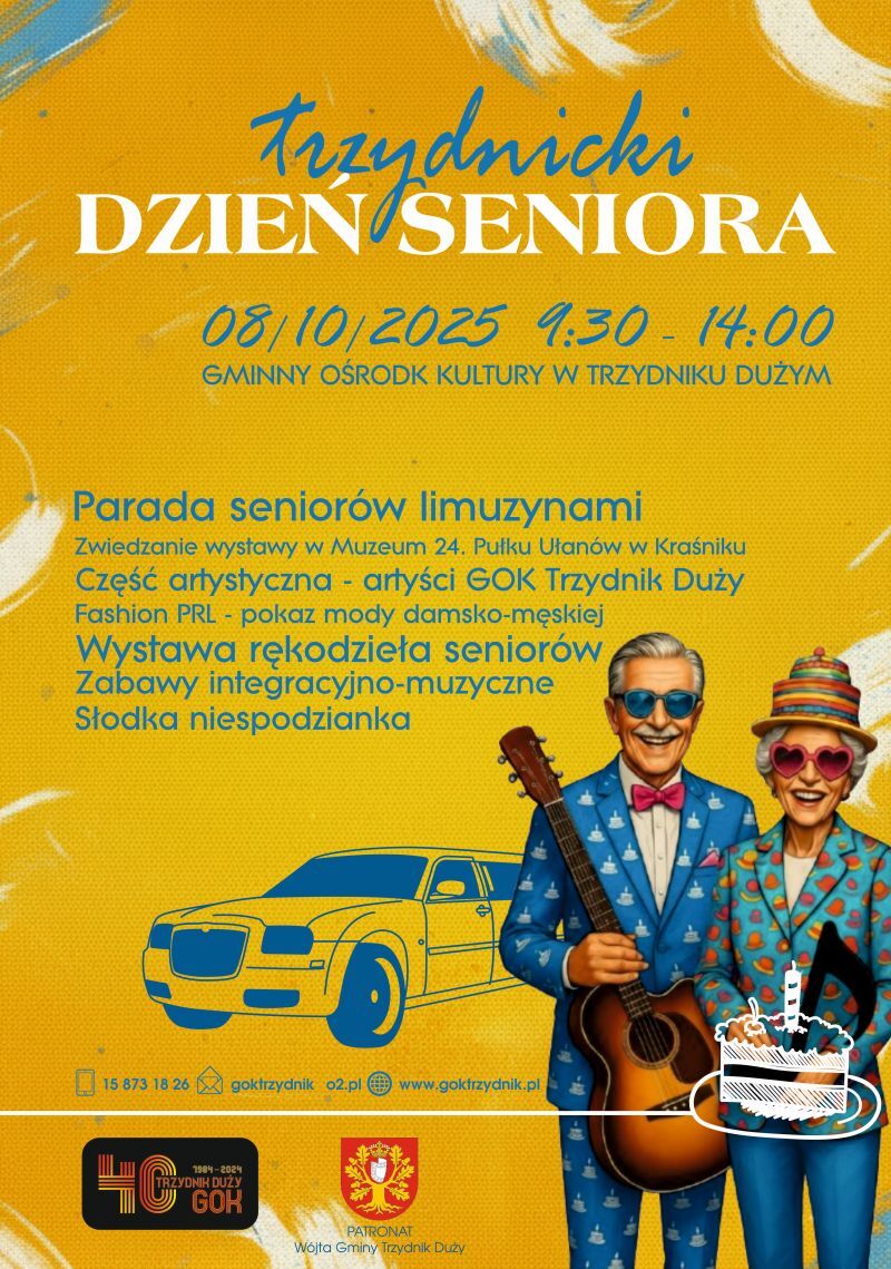 Plakat promujący "Trzcińdzki Dzień Seniora". Wydarzenie odbędzie się 8 października 2025 w Gminnym Ośrodku Kultury w Trzydniku Dużym. Program obejmuje paradę limuzyn, zwiedzanie muzeum oraz część artystyczną i muzyczną.