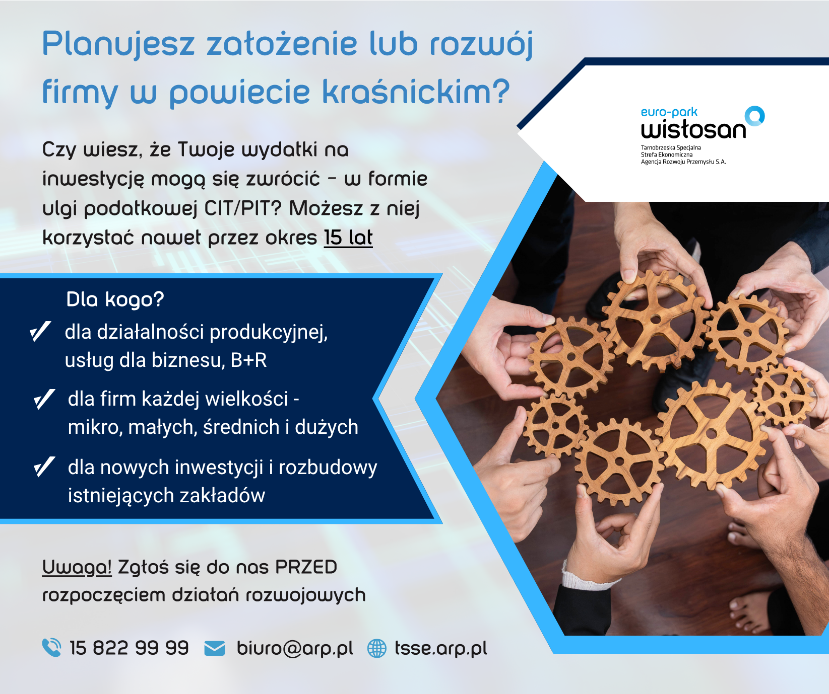Plakat informacyjny o inwestycjach firmowych w powiecie kraśnickim. Zawiera dane kontaktowe i korzyści podatkowe, w tym ulgi CIT/PIT. Pokazuje osobę z dokumentem i ikonę firmy "witosan".