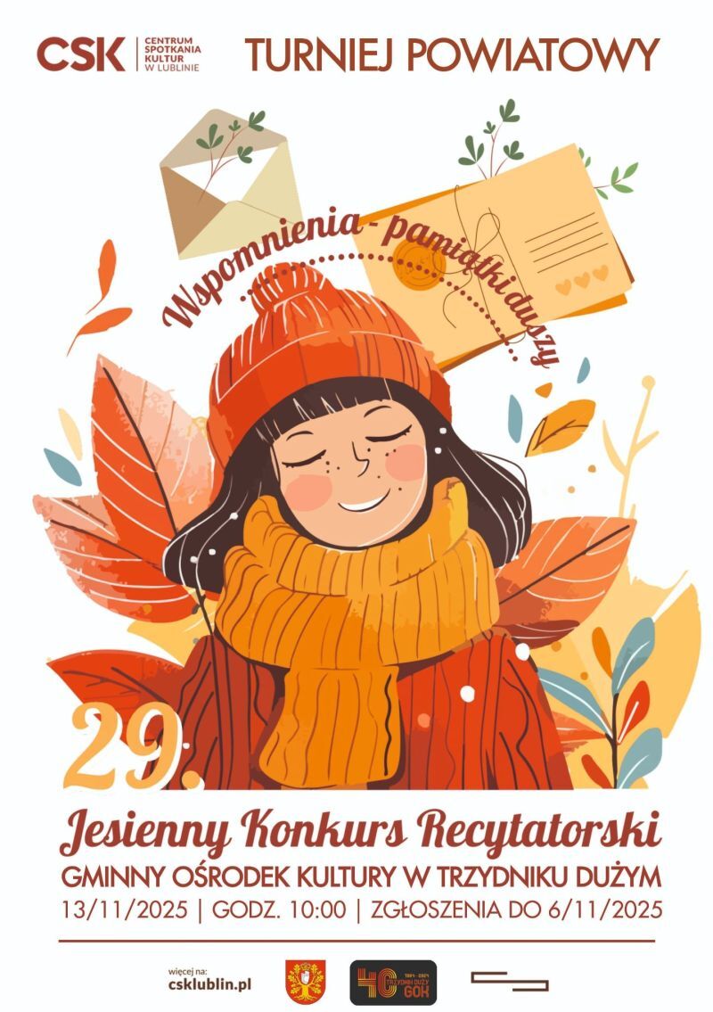 Na plakacie widnieje uśmiechnięta postać w pomarańczowej czapce i szaliku, otoczona jesiennymi liśćmi. Napis reklamuje 29. Jesienny Konkurs Recytatorski w Gminnym Ośrodku Kultury w Trzydniku Dużym.