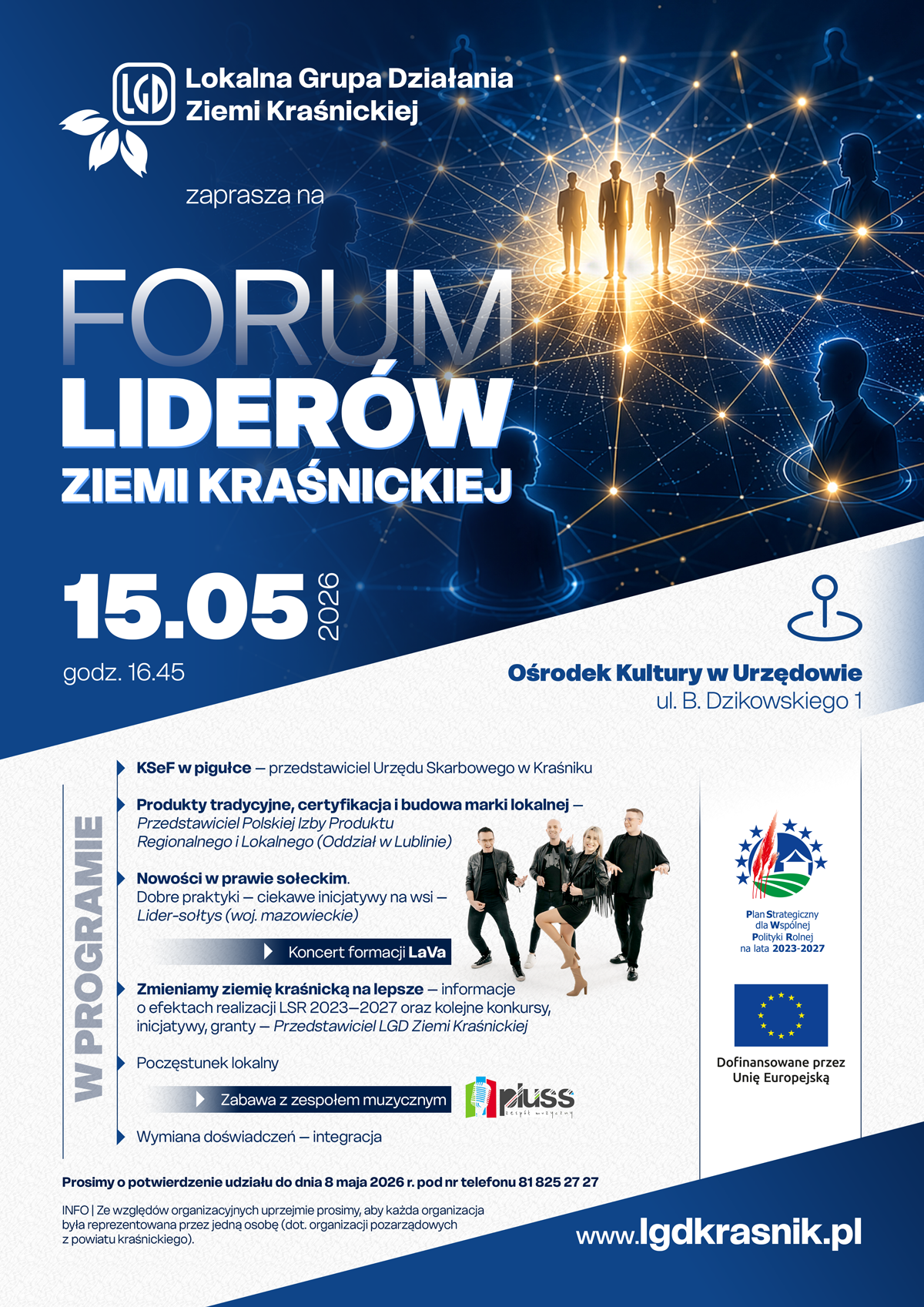 Plakat informujący o Forum Lider&oacute;w Ziemi Kraśnickiej, kt&oacute;re odbędzie się 15 maja 2026 w Ośrodku Kultury w Urzędowie. Zawiera logo organizator&oacute;w, informacje o programie, prelegentach i partnerach wydarzenia.