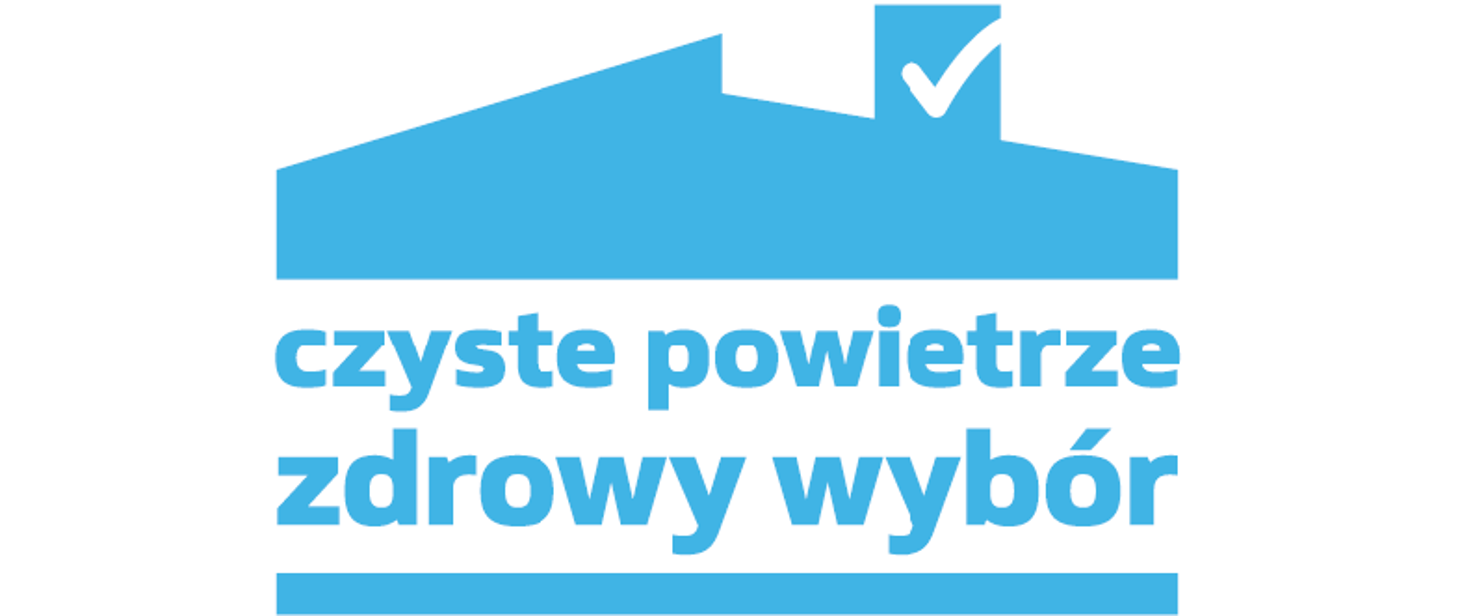 Logo programu "Czyste powietrze". Niebieski kształt domu z zaznaczoną ikoną "ptaszka". Pod spodem napis: "czyste powietrze, zdrowy wybór".