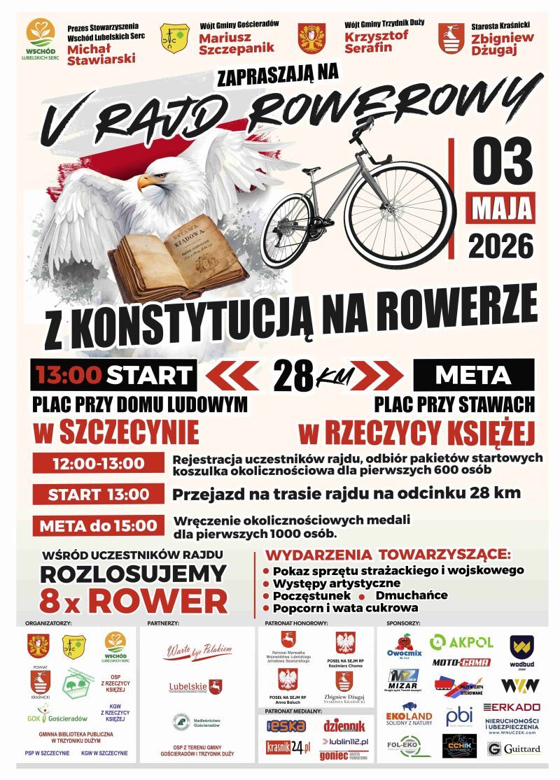 Plakat promujący V Rajd Rowerowy "Z Konstytucją na Rowerze" 3 maja 2026. Start w Szczecynie o 13:00, meta w Rzeczycy Księżej. Trasa 28 km. Informacje o zapisach, nagrodach i wydarzeniach towarzyszących.