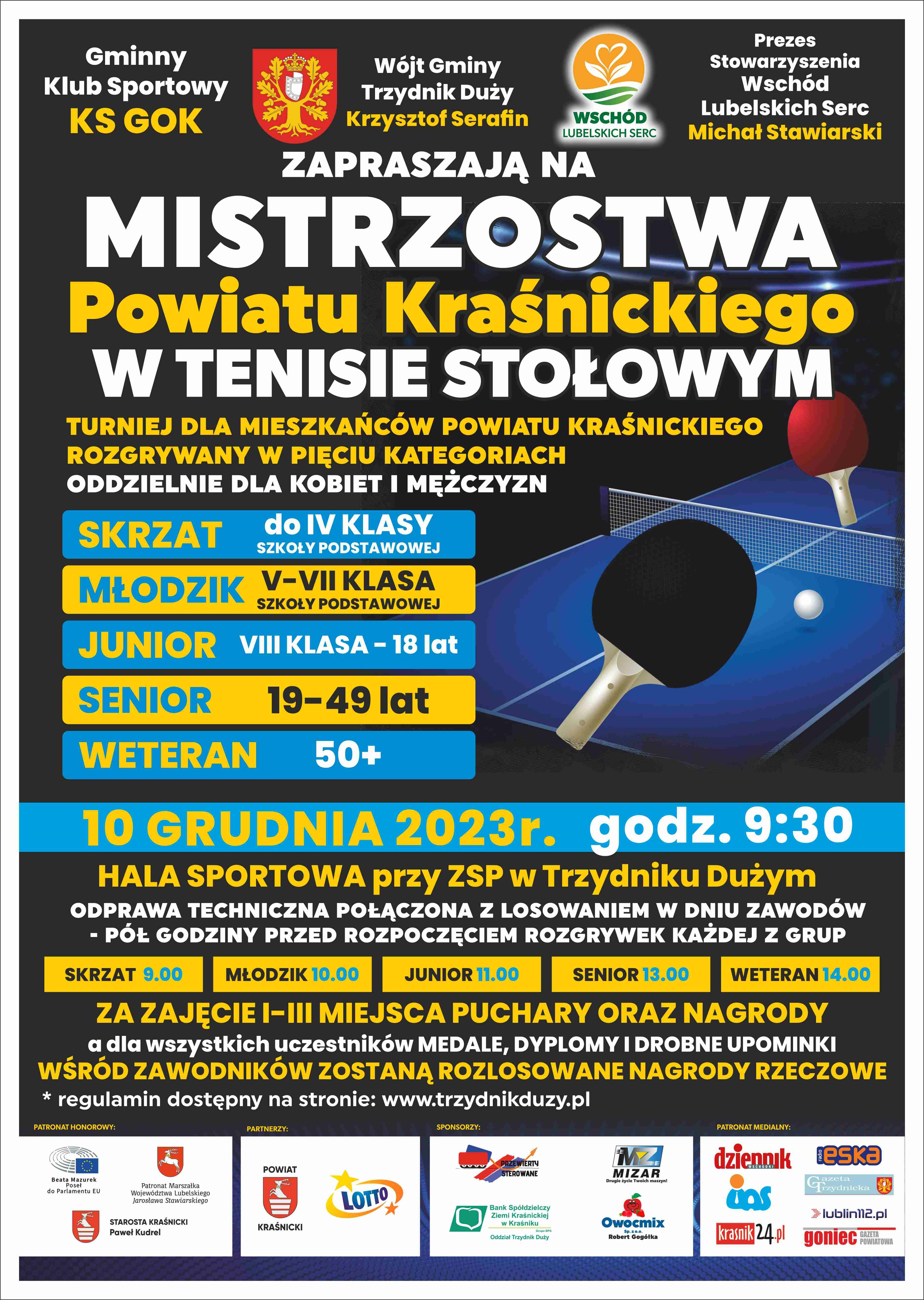Plakat informacyjny o Mistrzostwach Powiatowym w Tenisie Stołowym. Zawiera daty, kategorie wiekowe, miejsce wydarzenia i sponsory. Dominuje czerwień i błękit.