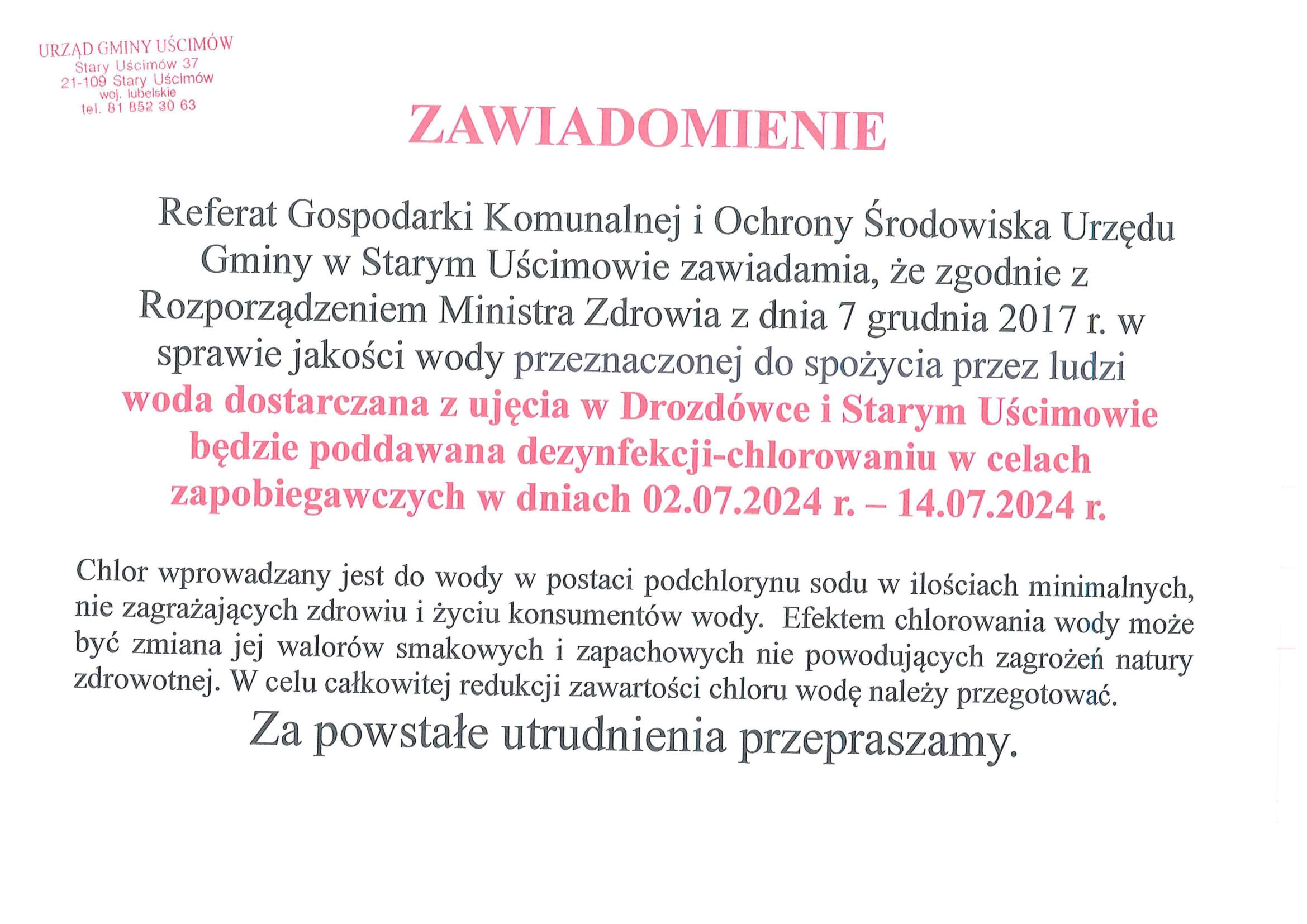 Opis alternatywny: Zdjęcie przedstawia dokument o nagłówku "ZAWIADOMIENIE" od Urzędu Gminy i Miasta, dotyczący wprowadzenia zakazu używania wody ze studni i uczulające na możliwość jej chlorowania.