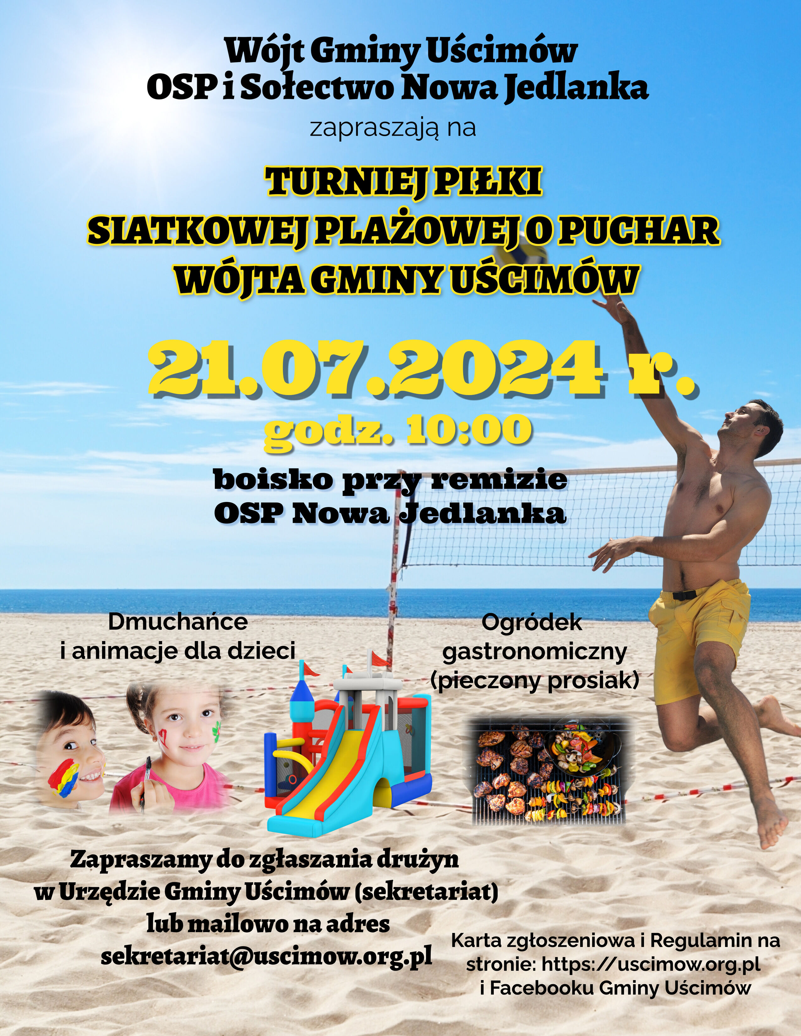 Alternatywny opis zdjęcia: Plakat promujący turniej siatkówki plażowej z datą 21.07.2024. Na górze zdjęcie mężczyzny grającego w siatkówkę plażową, poniżej informacje o wydarzeniu i kolorowe ilustracje z rysunkami dzieci, ogniskiem i zamkiem z piasku.