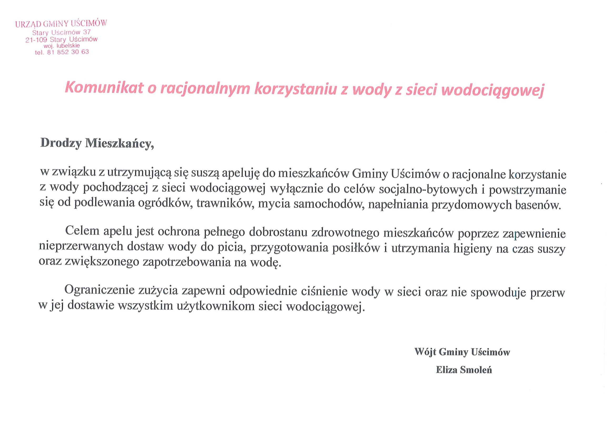 Zdjęcie przedstawia dokument z nagłówkiem "Komunikat o racjonalnym korzystaniu z wody z sieci wodociągowej" zawierający informacje i wytyczne na temat oszczędzania wody.