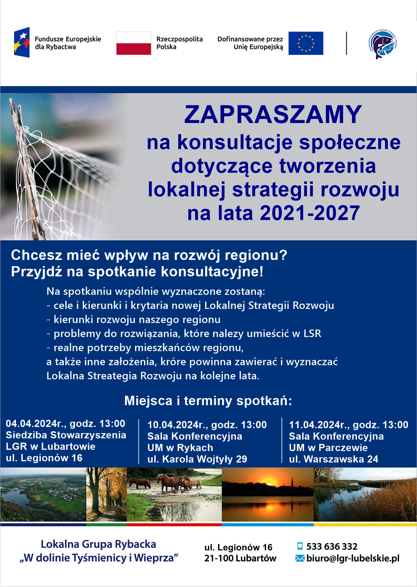 Plakat zapraszający na konsultacje społeczne dotyczące rozwoju regionu na lata 2021-2027, z datami i adresami spotkań oraz logotypami organizatorów.
