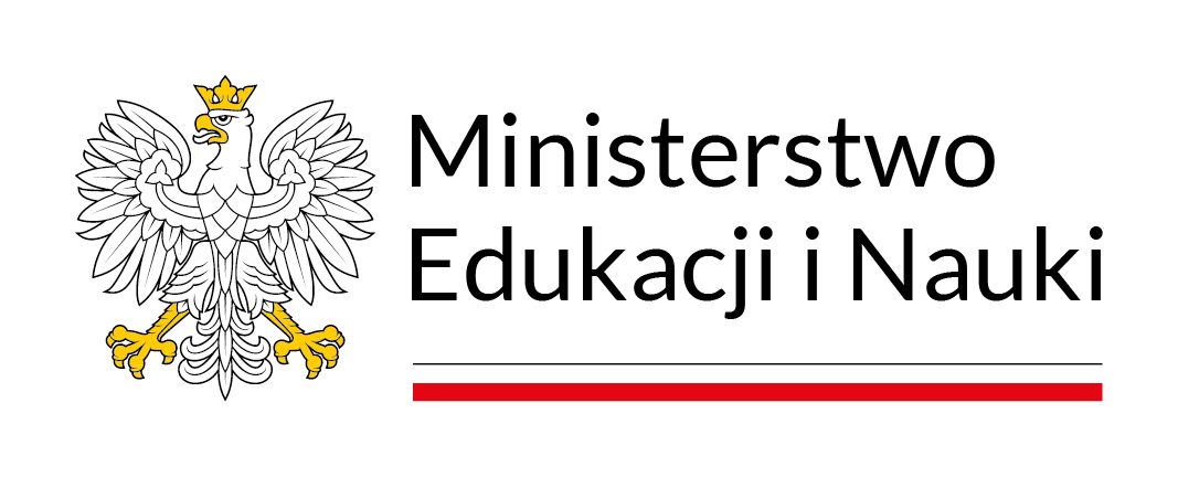 Logo Ministerstwa Edukacji i Nauki z białym orłem w koronie na czerwonym tle, nad napisem w czarnej czcionce.