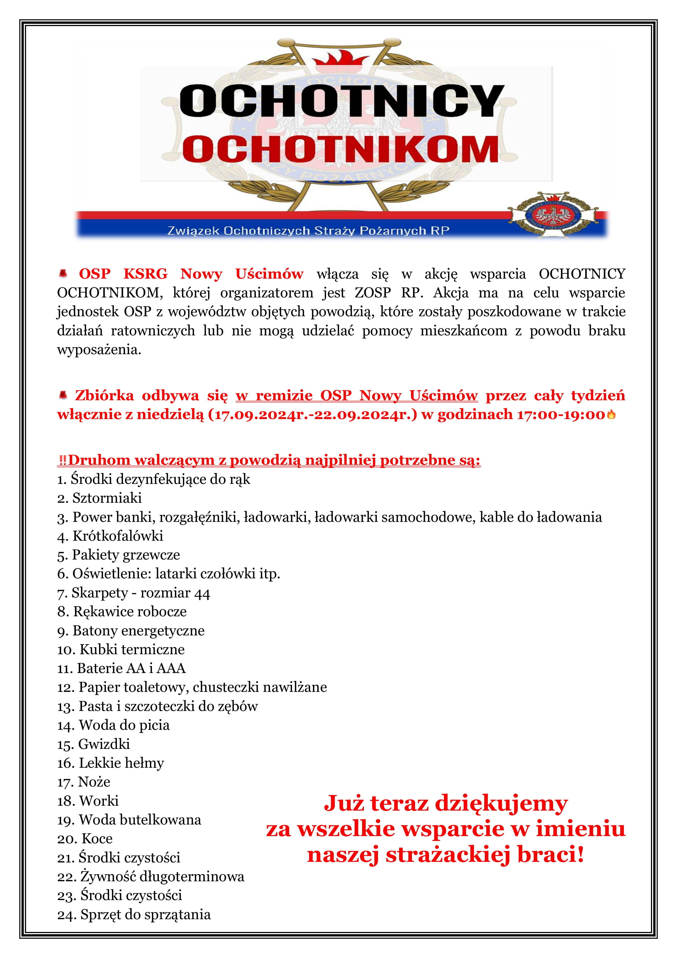 Plakat z czerwono-żółtymi elementami promujący dołączenie do Ochotniczej Straży Pożarnej. Zawiera listę korzyści i warunków przyłączenia się oraz logo OSP.