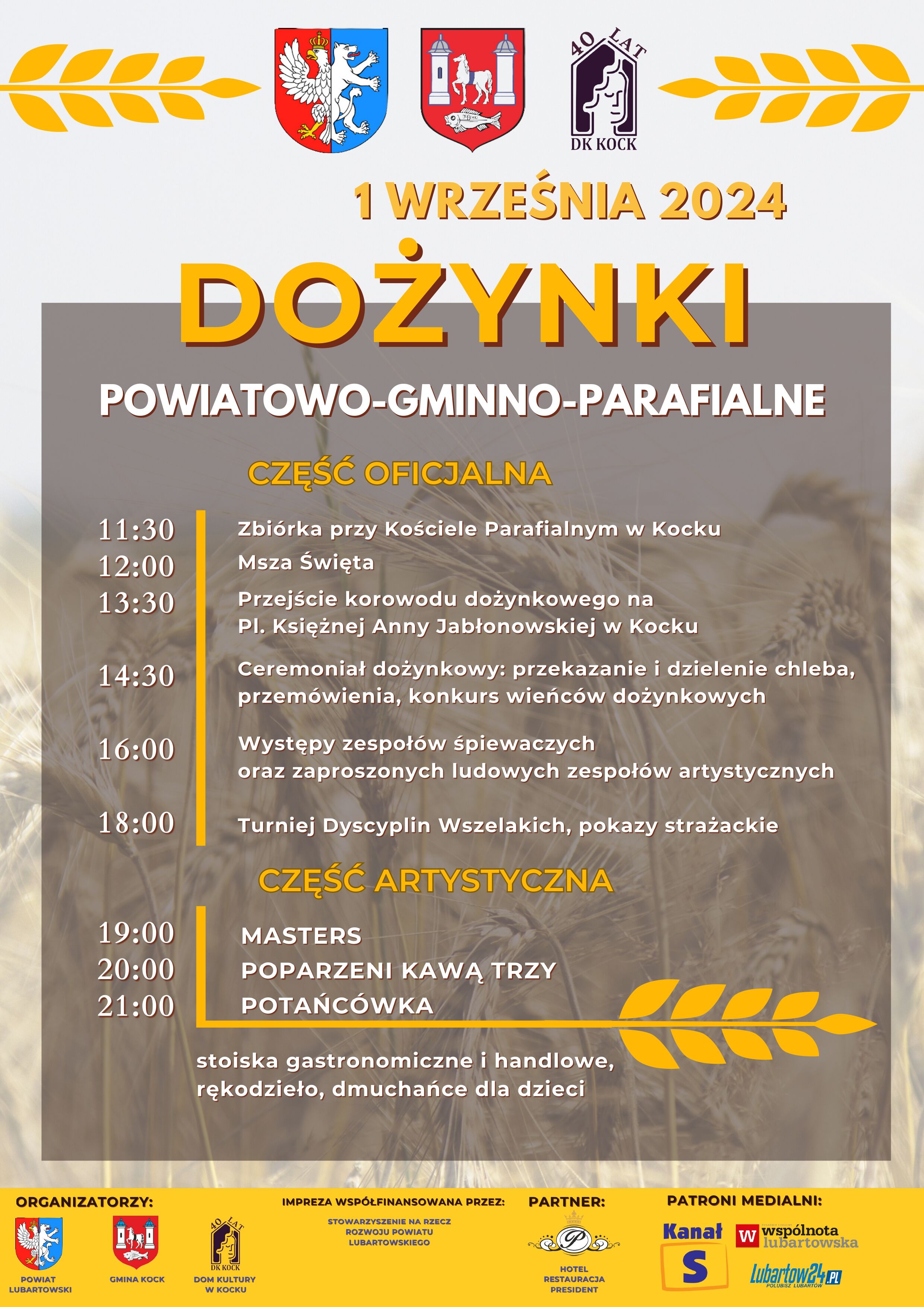 Plakat ogłaszający wydarzenie "Dożynki Parafialno-Gminne" z datą 1 września 2024 i harmonogramem, z dekoracjami związanymi z żniwami i sponsorami na dole.