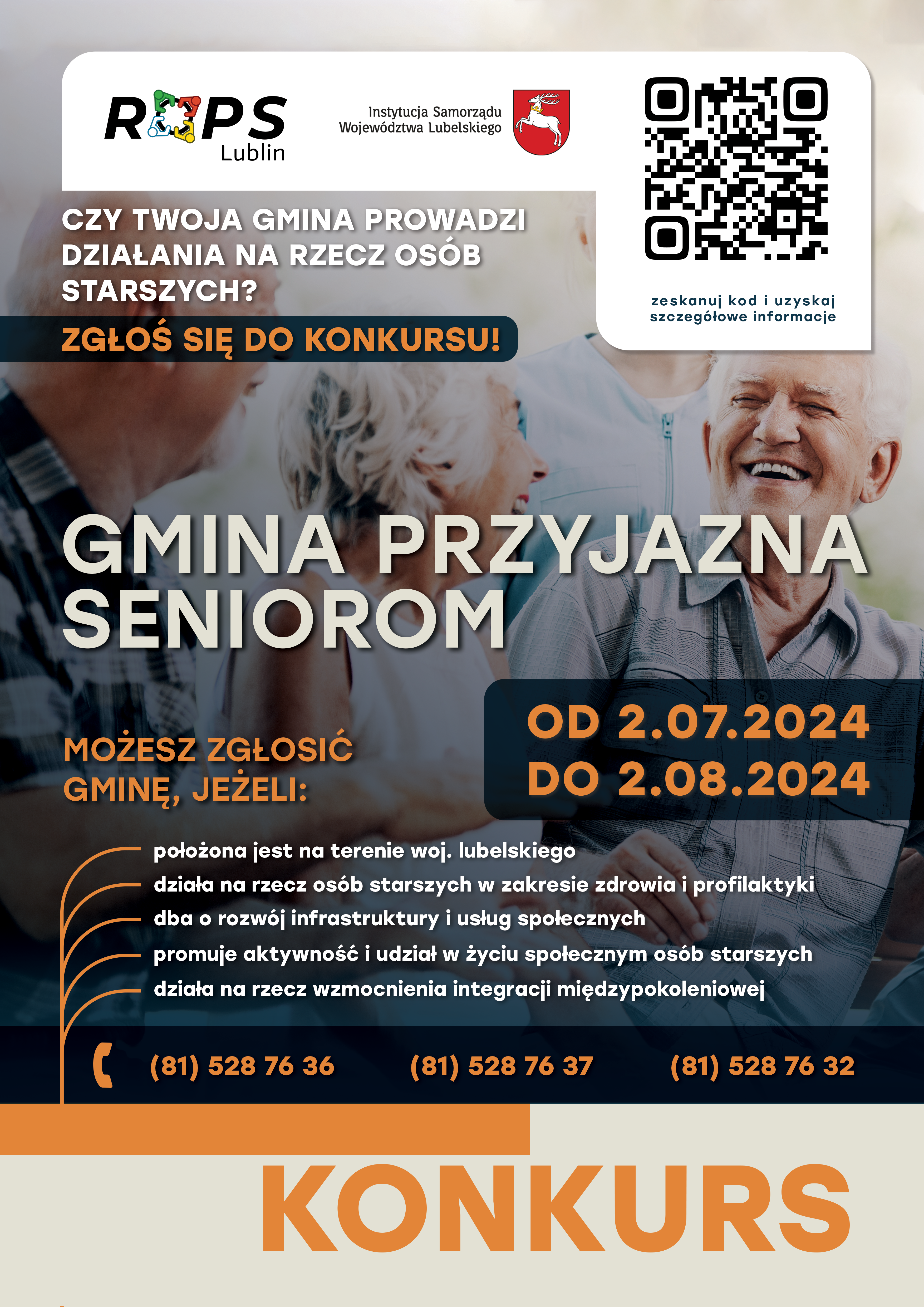 Plakat informacyjny z grafiką starszej uśmiechniętej osoby, tekstem zachęcającym do przystąpienia do programu dla seniorów oraz numerami kontaktowymi.