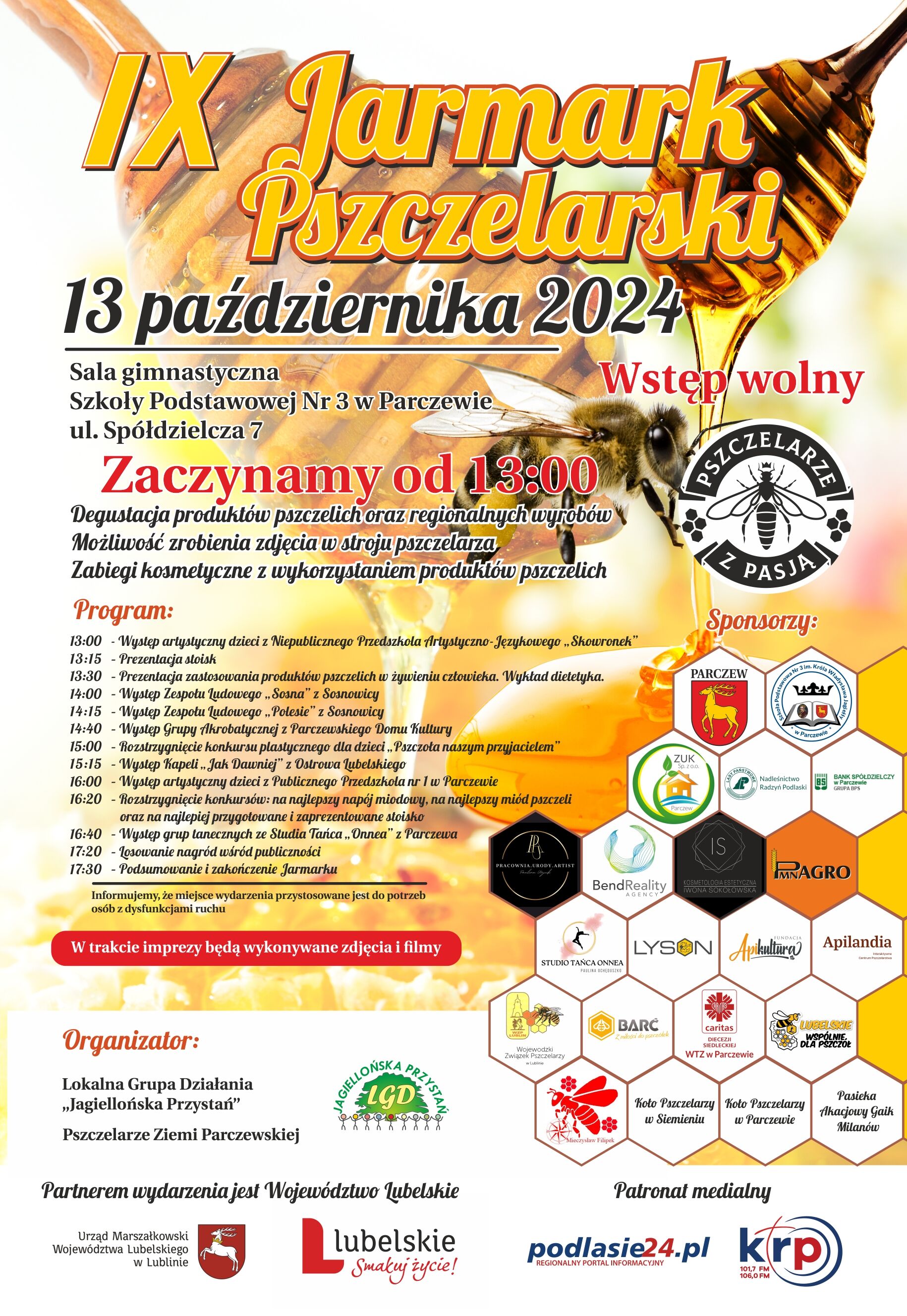 Plakat promujący "IX Jarmark Pszczelarski" w Białej Podlaskiej, 13 października 2024, z grafiką pszczół, miodu i informacjami o wydarzeniu oraz logotypami sponsorów.