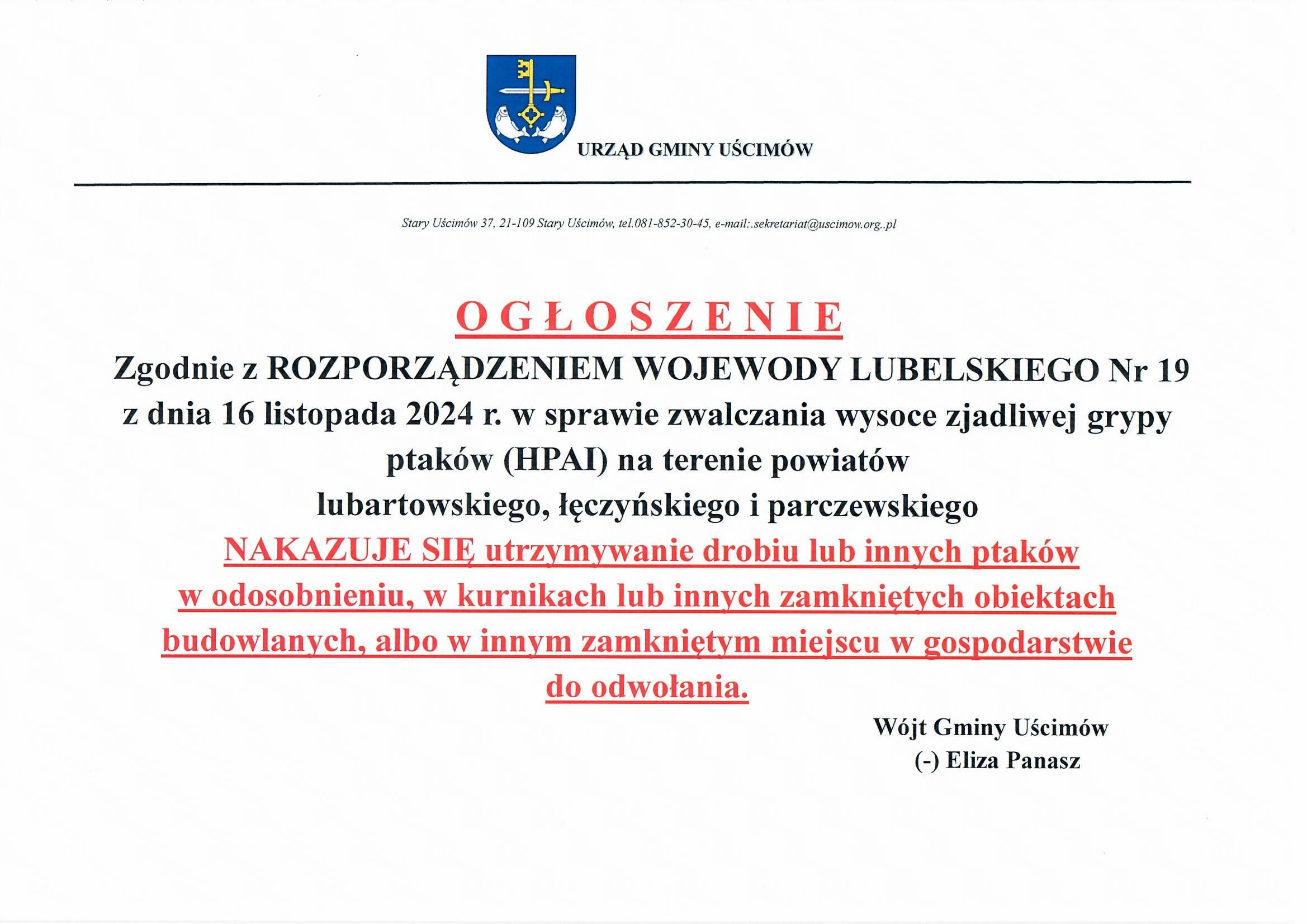 Opis alternatywny: Obraz przedstawia dokument z tekstem w języku polskim. Na górze znajduje się herb gminy Uścimów i nagłówek "Ogłoszenie Wojewody Lubelskiego". Tekst dotyczy zarządzenia dotyczącego walki z wysoce zjadliwą grypą ptaków.