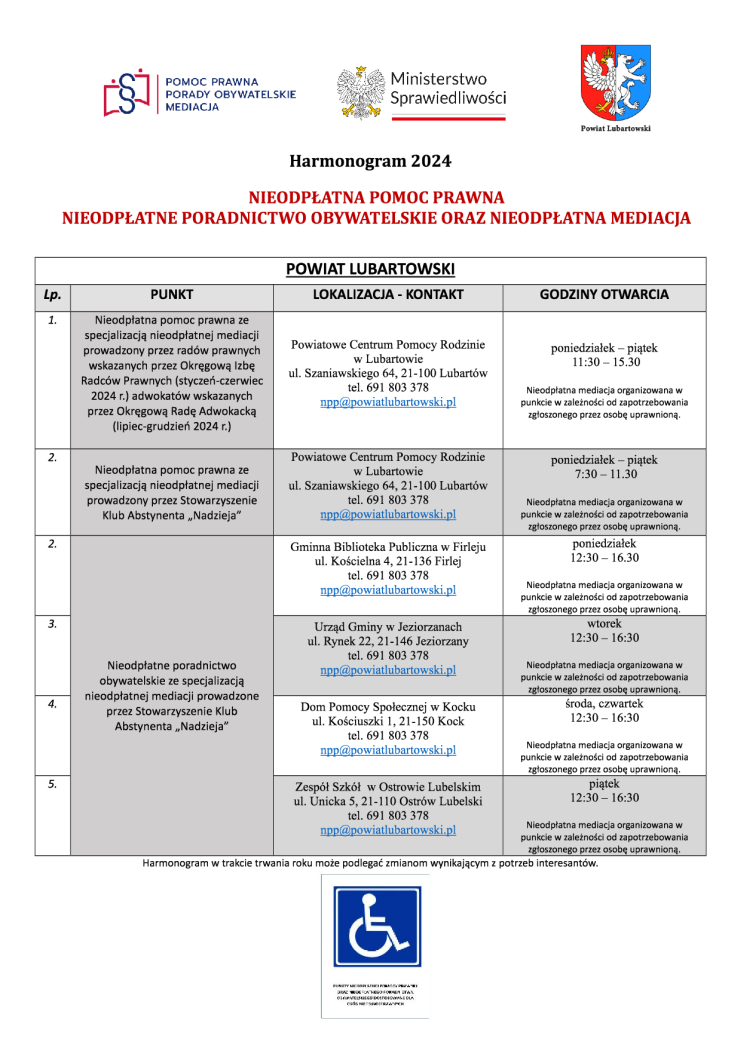 Zdjęcie przedstawia dokument z informacjami o bezpłatnej pomocy prawnej, poradnictwie obywatelskim oraz nieodpłatnej mediacji oferowanej przez Ministerstwo Sprawiedliwości Polski, z danymi kontaktowymi i godzinami otwarcia.