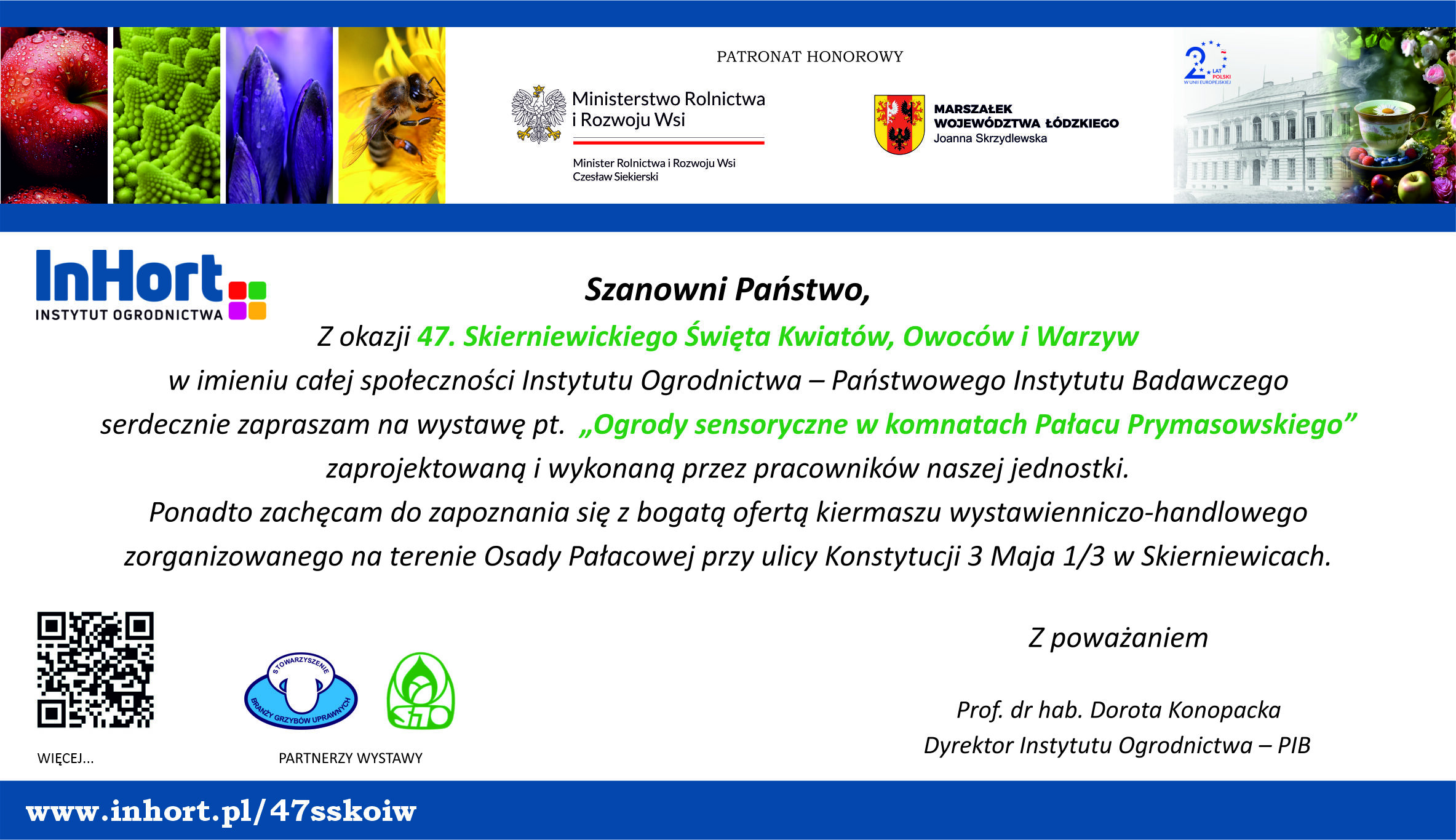 Zdjęcie przedstawia plakat informacyjny z grafikami warzyw i owoców oraz elementami tekstowymi, w tym logo instytutu InHort i różnych sponsorów, zapowiadający Studia ogrodnicze - kierunek Szkółkarstwo.