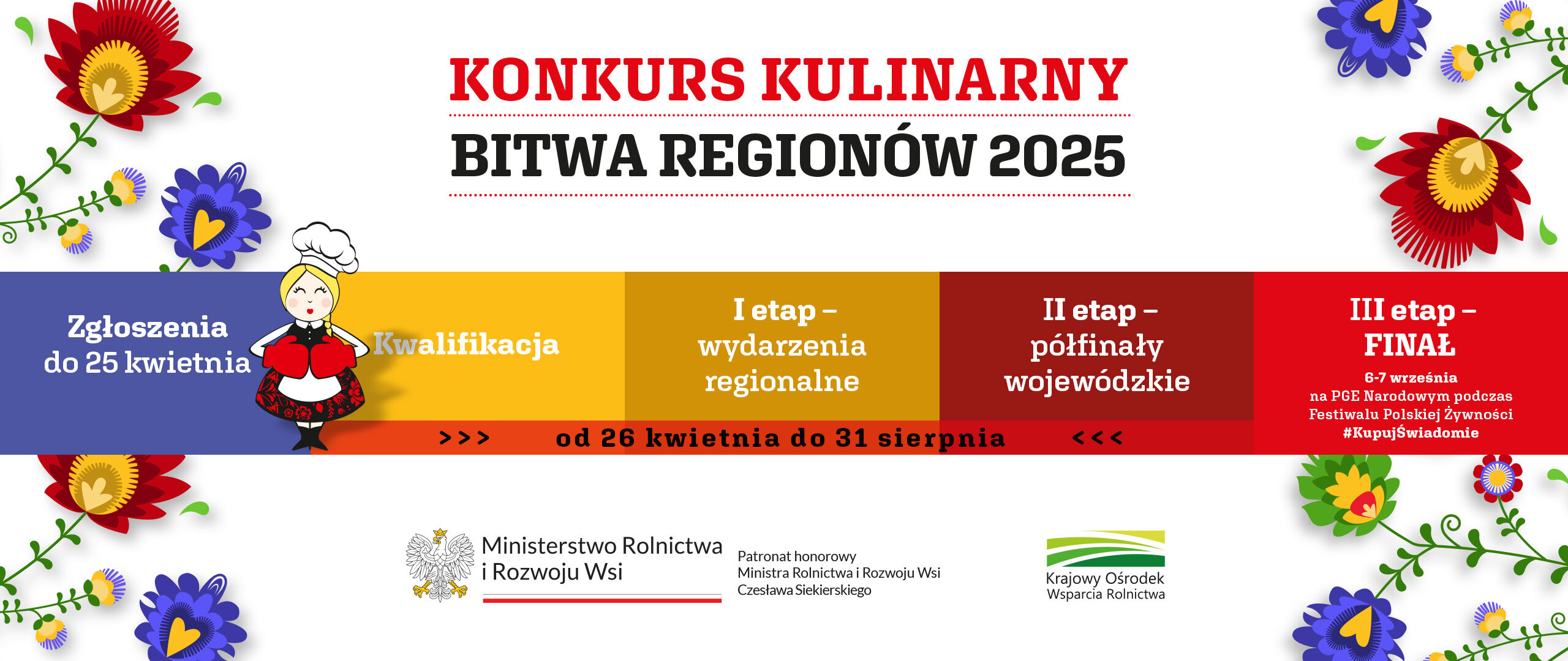 Plakat konkursu kulinarnego "Bitwa Regionów 2025". Kolorowa grafika z dziewczynką w stroju ludowym. Etapy: zgłoszenia do 25 kwietnia, kwalifikacje, trzy etapy od 26 kwietnia do 31 sierpnia. Patronat Ministerstwa Rolnictwa.