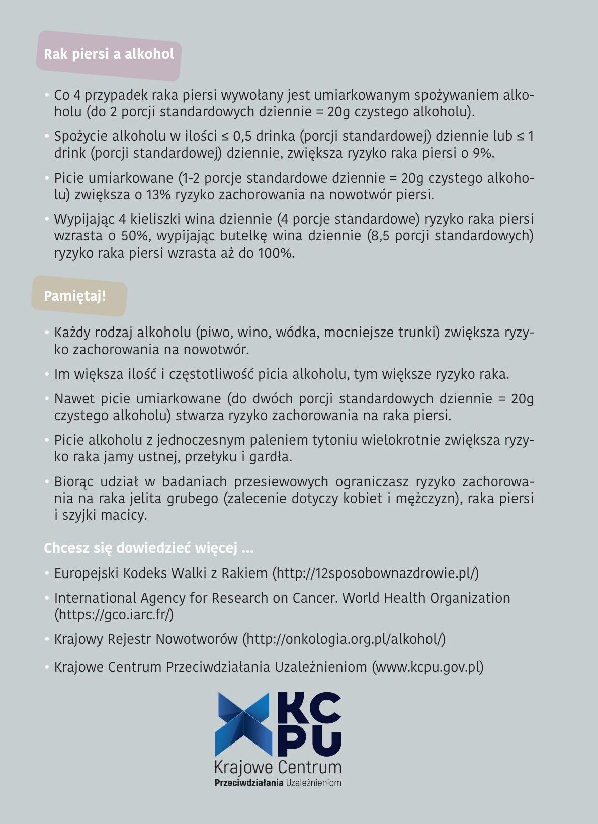 Tekstowa ulotka informacyjna dot. związku alkoholu z ryzykiem nowotwor&oacute;w. Zawiera fakty, dane statystyczne, porady prewencyjne, symbole zakazu alkoholu, ruchu oraz walki z rakiem. Logo Krajowego Centrum.