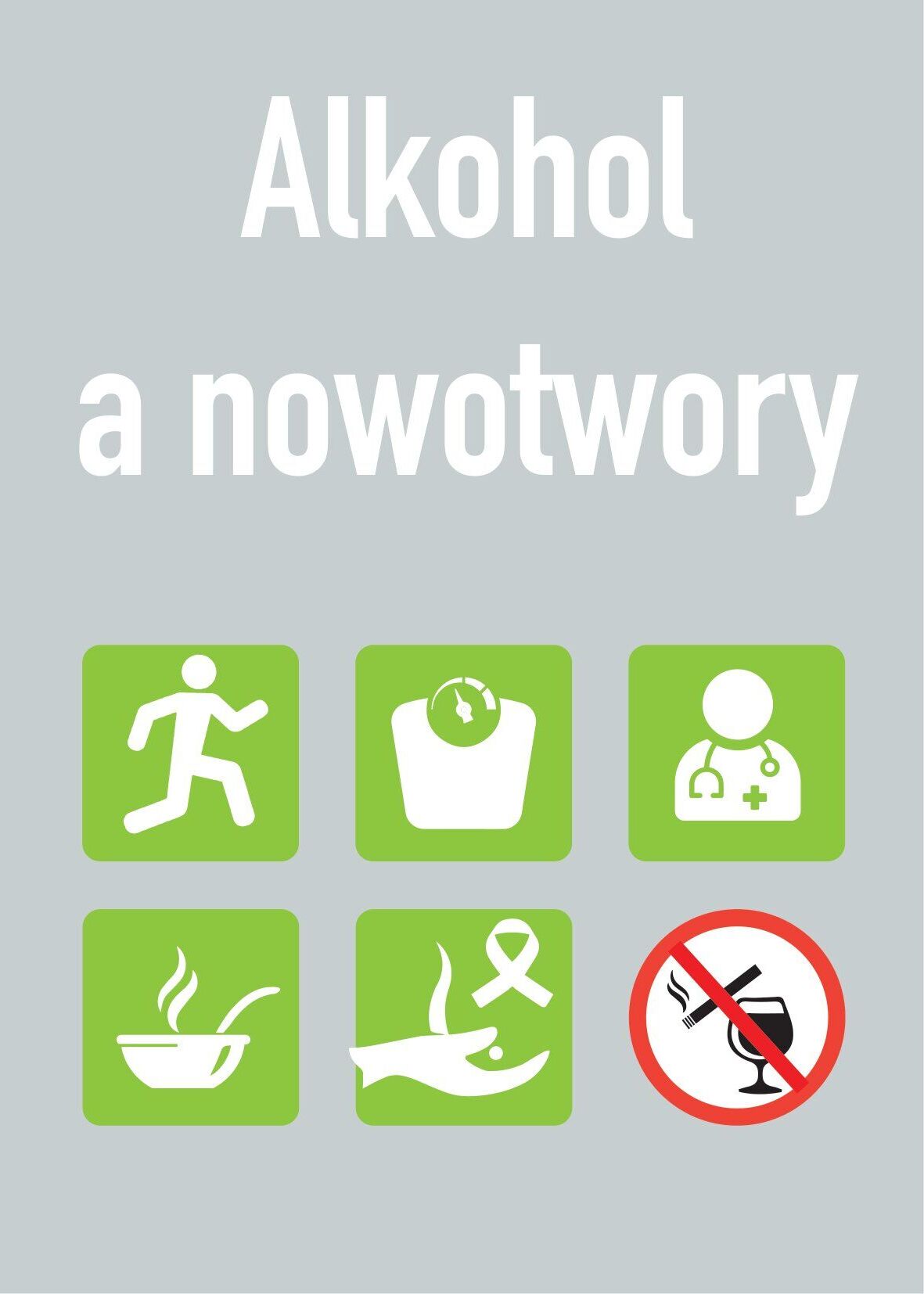Tekstowa ulotka informacyjna dot. związku alkoholu z ryzykiem nowotwor&oacute;w. Zawiera fakty, dane statystyczne, porady prewencyjne, symbole zakazu alkoholu, ruchu oraz walki z rakiem. Logo Krajowego Centrum.