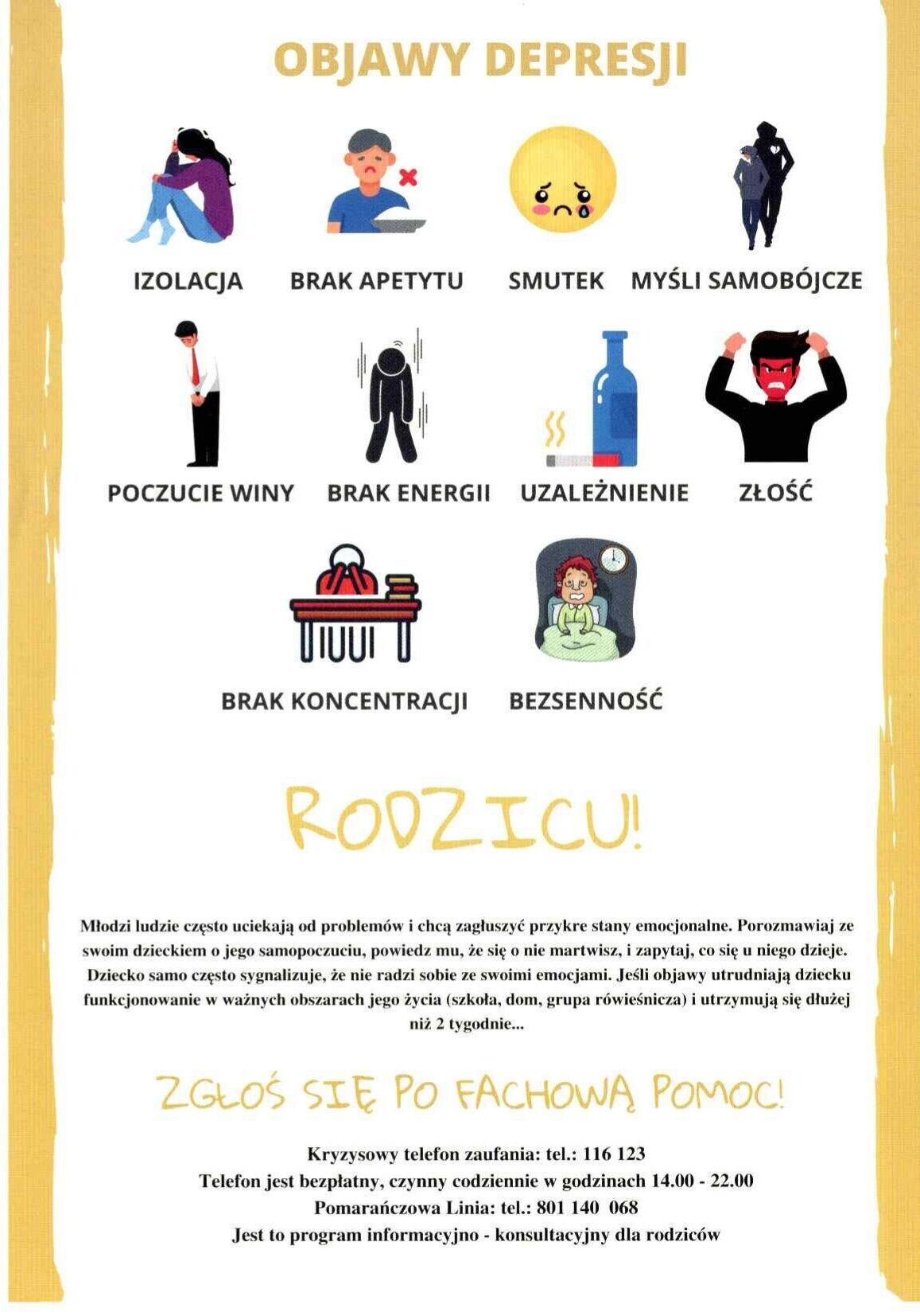 Na obrazku znajduje się ulotka dotycząca radzenia sobie z emocjami i depresją. Lewa strona przedstawia rysunkowe postacie dzieci. Prawa strona opisuje objawy depresji oraz zawiera informacje dla rodzic&oacute;w na temat poszukiwania pomocy.