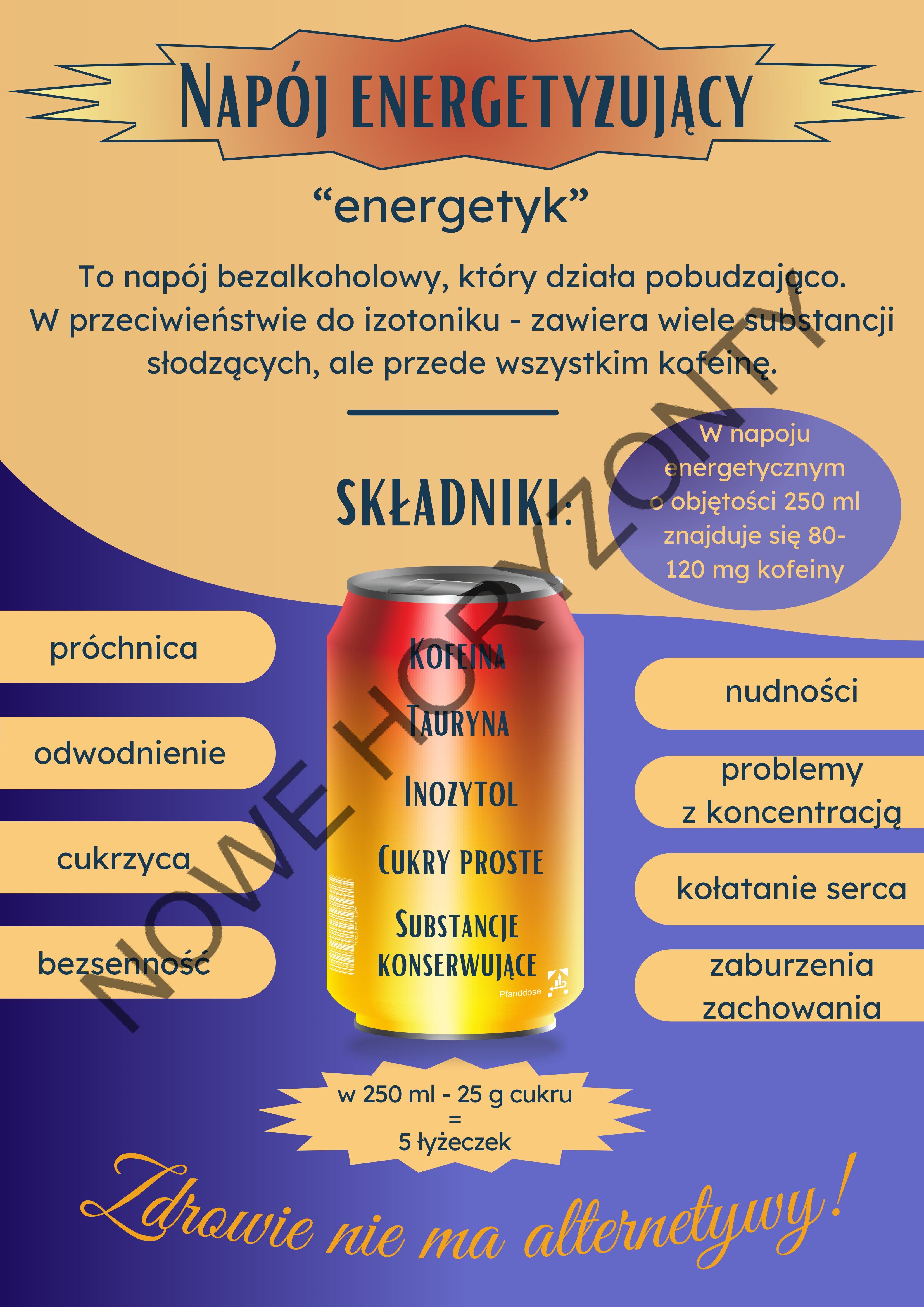Plakat promujący nap&oacute;j energetyzujący bez alkoholu. Na środku puszka, wok&oacute;ł niej efekty działania, m.in. pr&oacute;chnica, insulinooporność. Napis u g&oacute;ry: "Nap&oacute;j energetyzujący", na dole: "Zdrowie nie ma alternatywy!"
