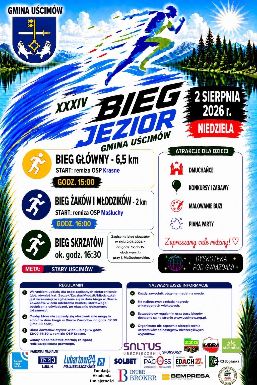 Plakat promujący "Bieg Jezior" w gminie Uścim&oacute;w, zaplanowany na 2 sierpnia 2026 roku. Zawiera godziny start&oacute;w r&oacute;żnych bieg&oacute;w, atrakcje jak dmuchańce, konkursy, malowanie buziek oraz informacje o dyskotece.