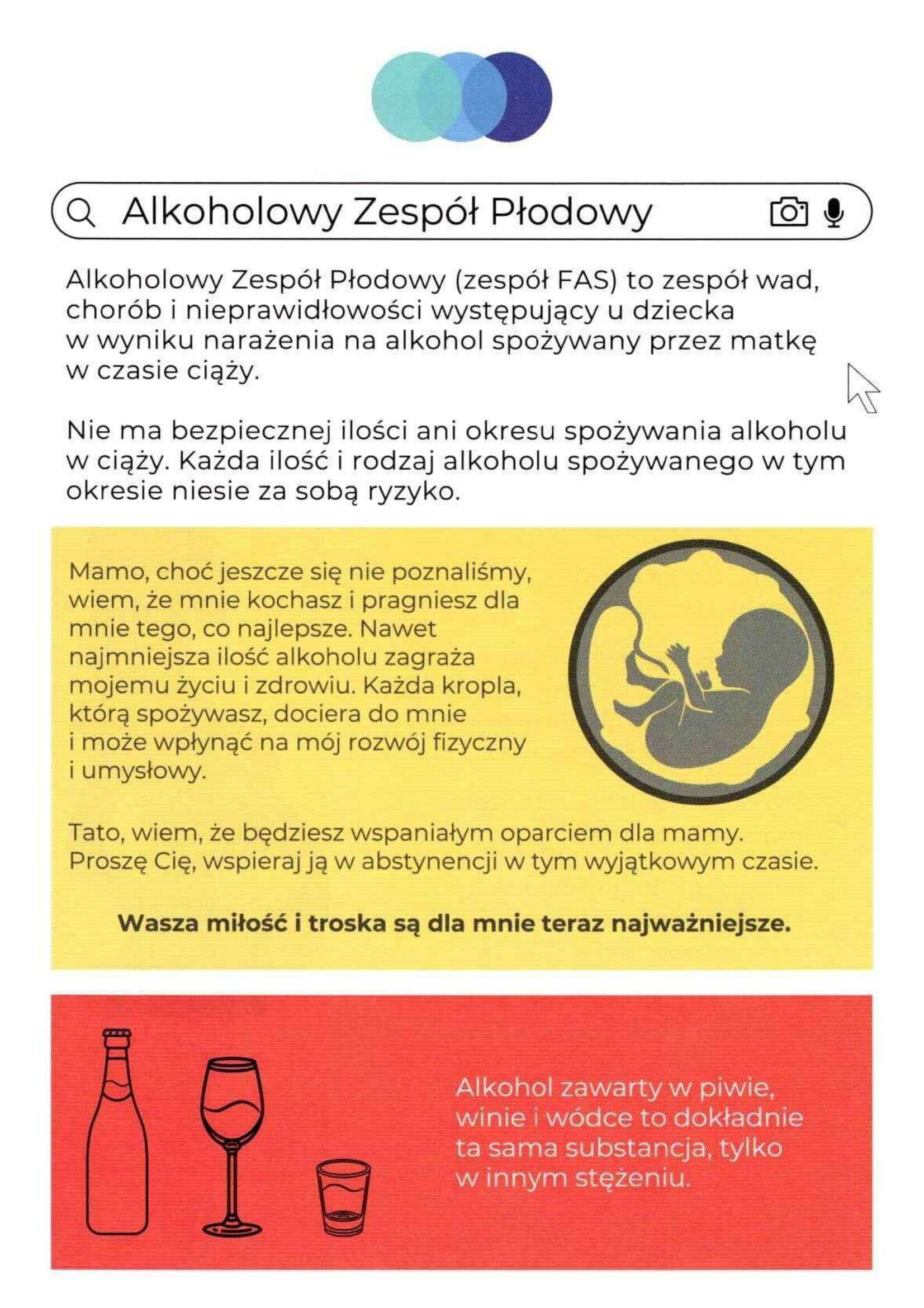 Plakat informacyjny o Alkoholowym Zespole Płodowym. Zawiera grafikę płodu w kieliszku oraz ostrzeżenie o skutkach spożywania alkoholu przez ciężarne. Na dole ilustracje napoj&oacute;w alkoholowych.