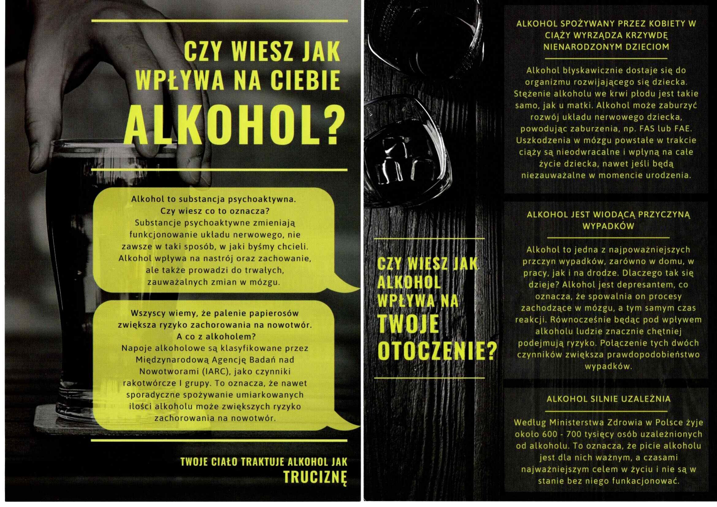Plakat informacyjny na temat wpływu alkoholu. Zawiera tekst o skutkach zdrowotnych i społecznych spożycia alkoholu, m.in. psychicznych, i jego uzależniających właściwościach. Obrazek pokazuje dłoń trzymającą szklankę.